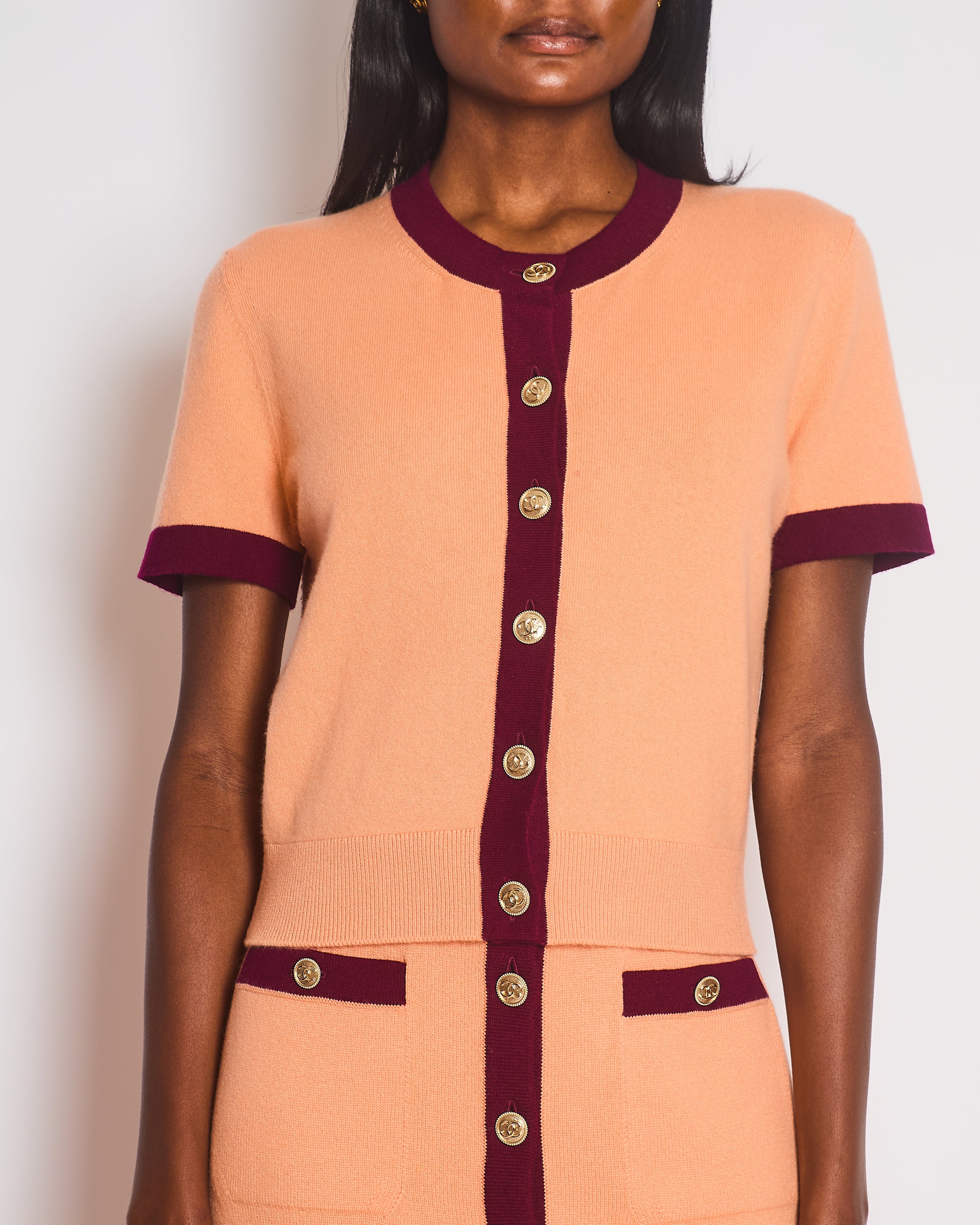 Chanel 2020 Metiers des Arts Peach Short Sleeve Knitted Button Down Cardigan with CC Button Detail Size FR 38 (UK 10)