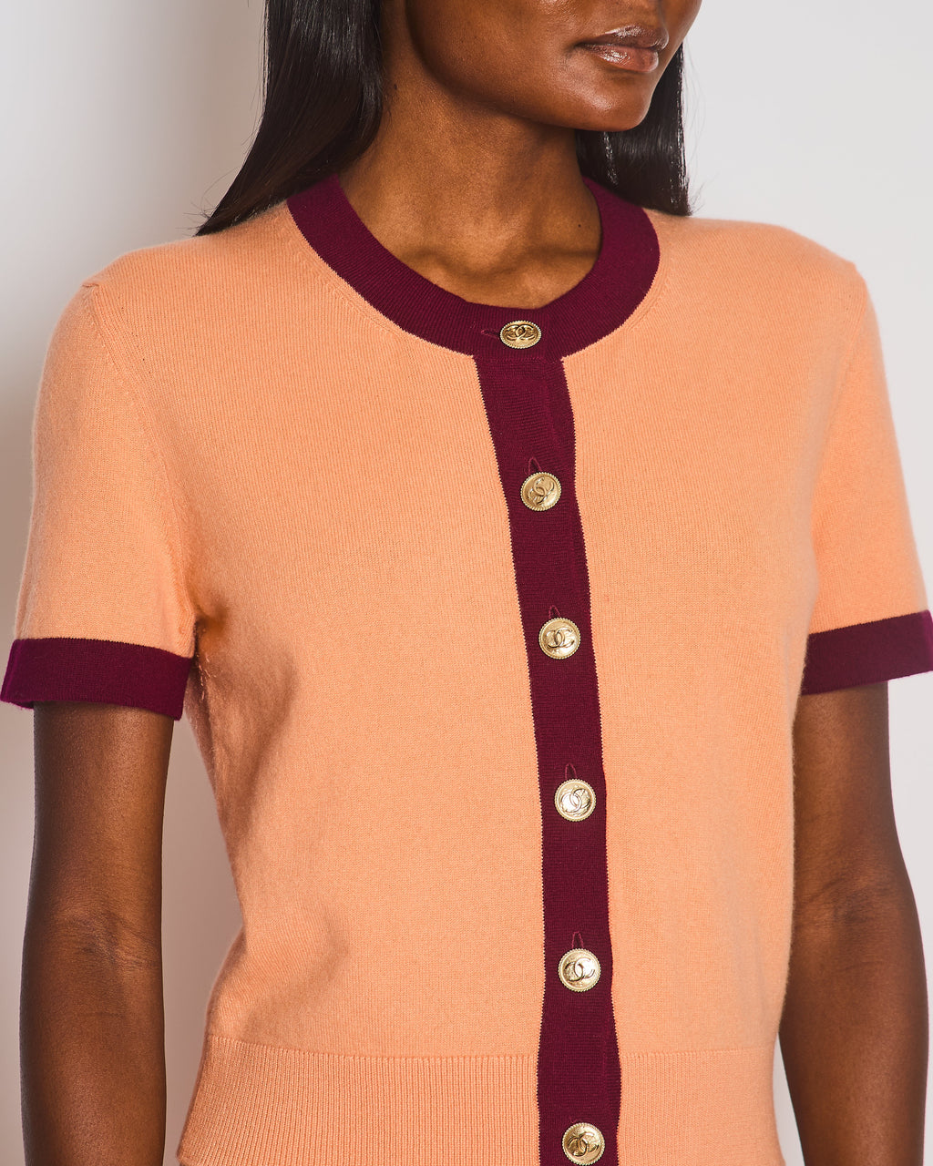 Chanel 2020 Metiers des Arts Peach Short Sleeve Knitted Button Down Cardigan with CC Button Detail Size FR 38 (UK 10)