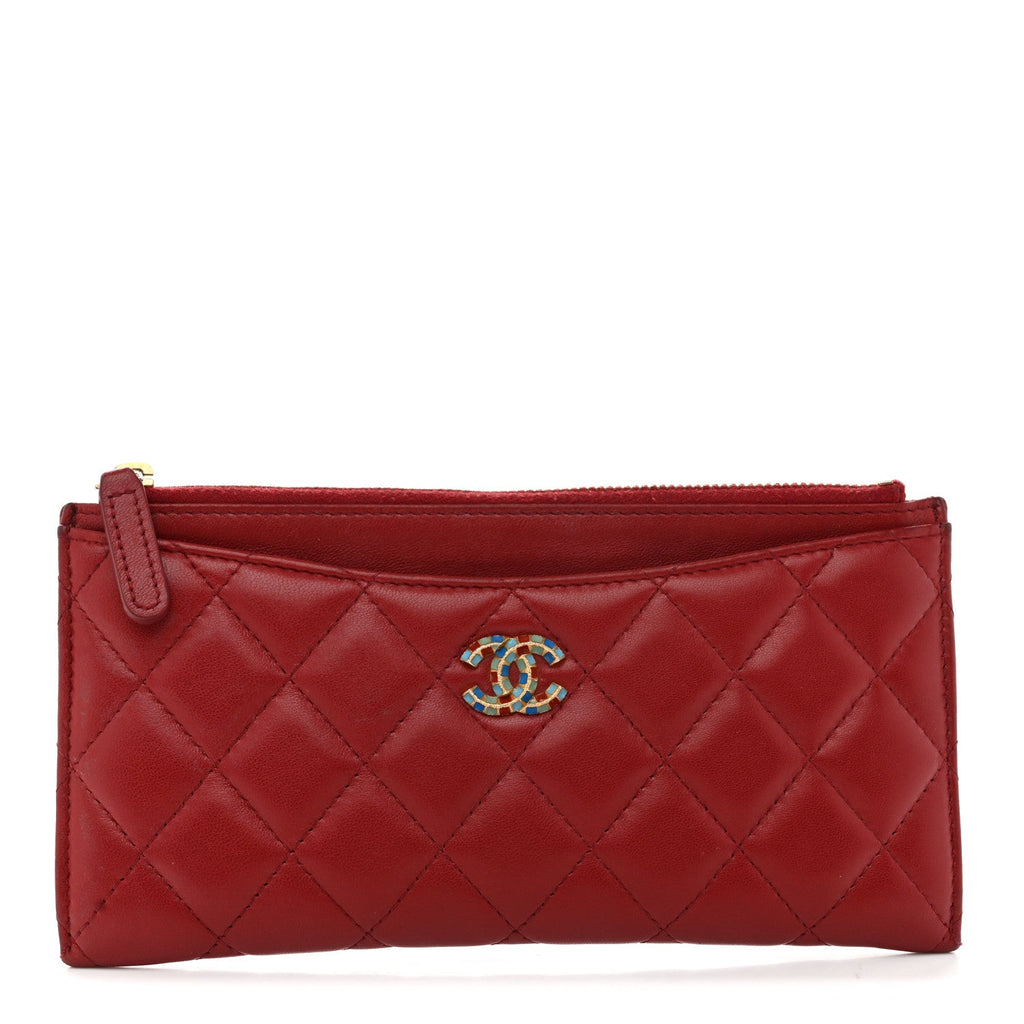 Lambskin Enamel Quilted Classic Zip Pouch Red