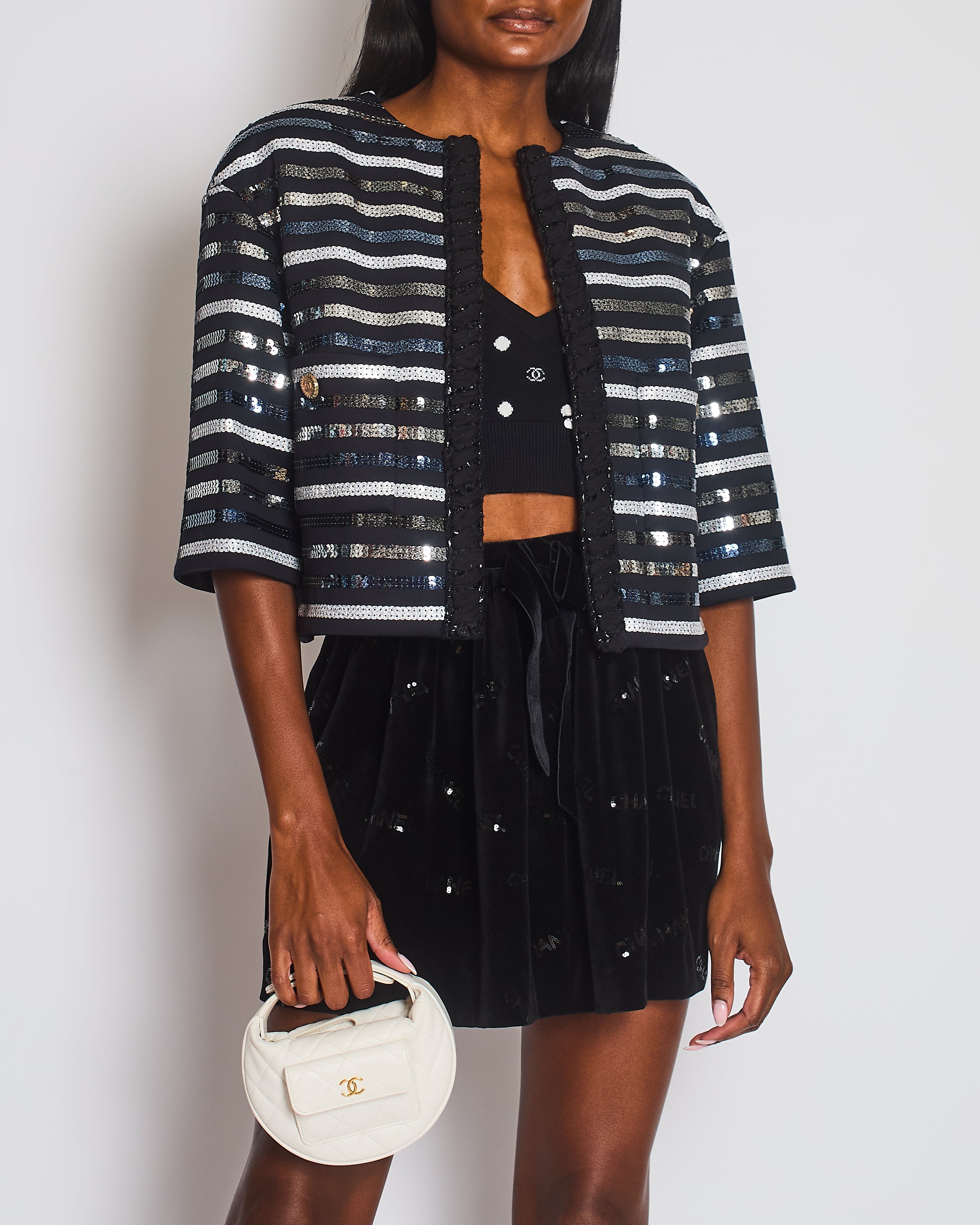 Chanel 2022 Cruise Black Cropped Sleeve CC Sequin Jacket with Braided Edge Size FR 38 (UK 10)