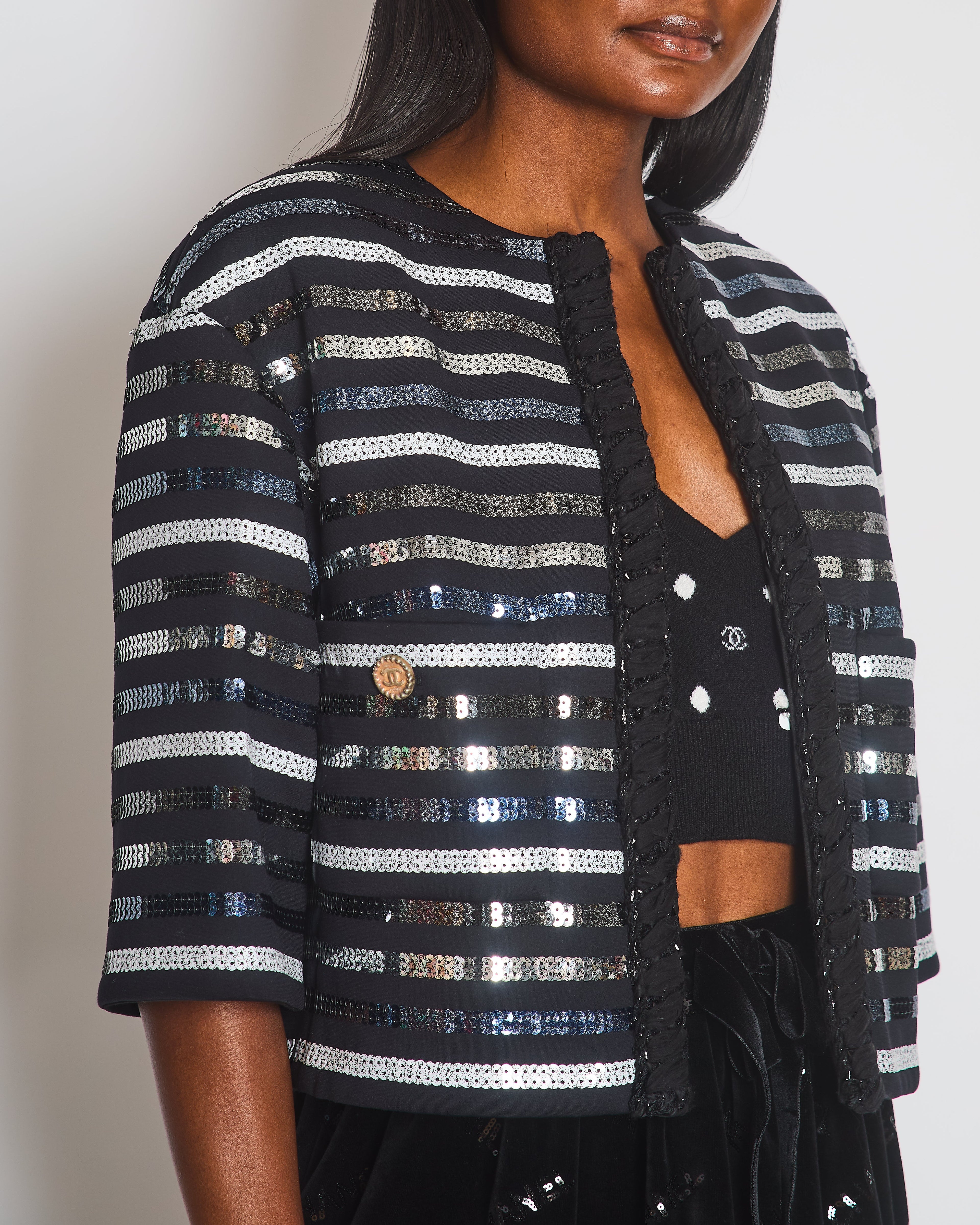 Chanel 2022 Cruise Black Cropped Sleeve CC Sequin Jacket with Braided Edge Size FR 38 (UK 10)