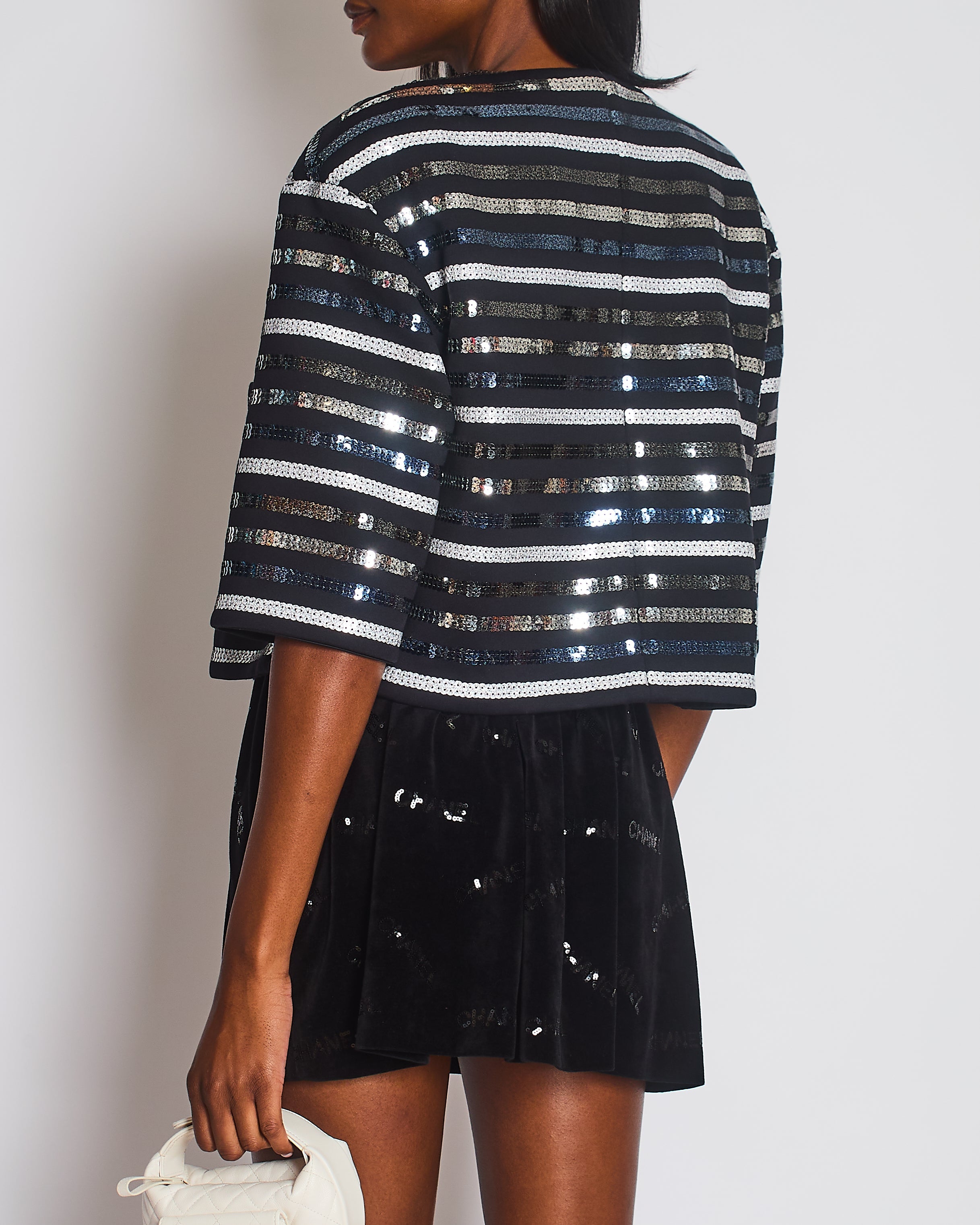 Chanel 2022 Cruise Black Cropped Sleeve CC Sequin Jacket with Braided Edge Size FR 38 (UK 10)