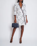 *RUNWAY* Chanel 20S White, Blue & Red Tweed Long Sleeve Midi Dress with Black Embellished Buttons and Logo Details FR 36 (UK 8)