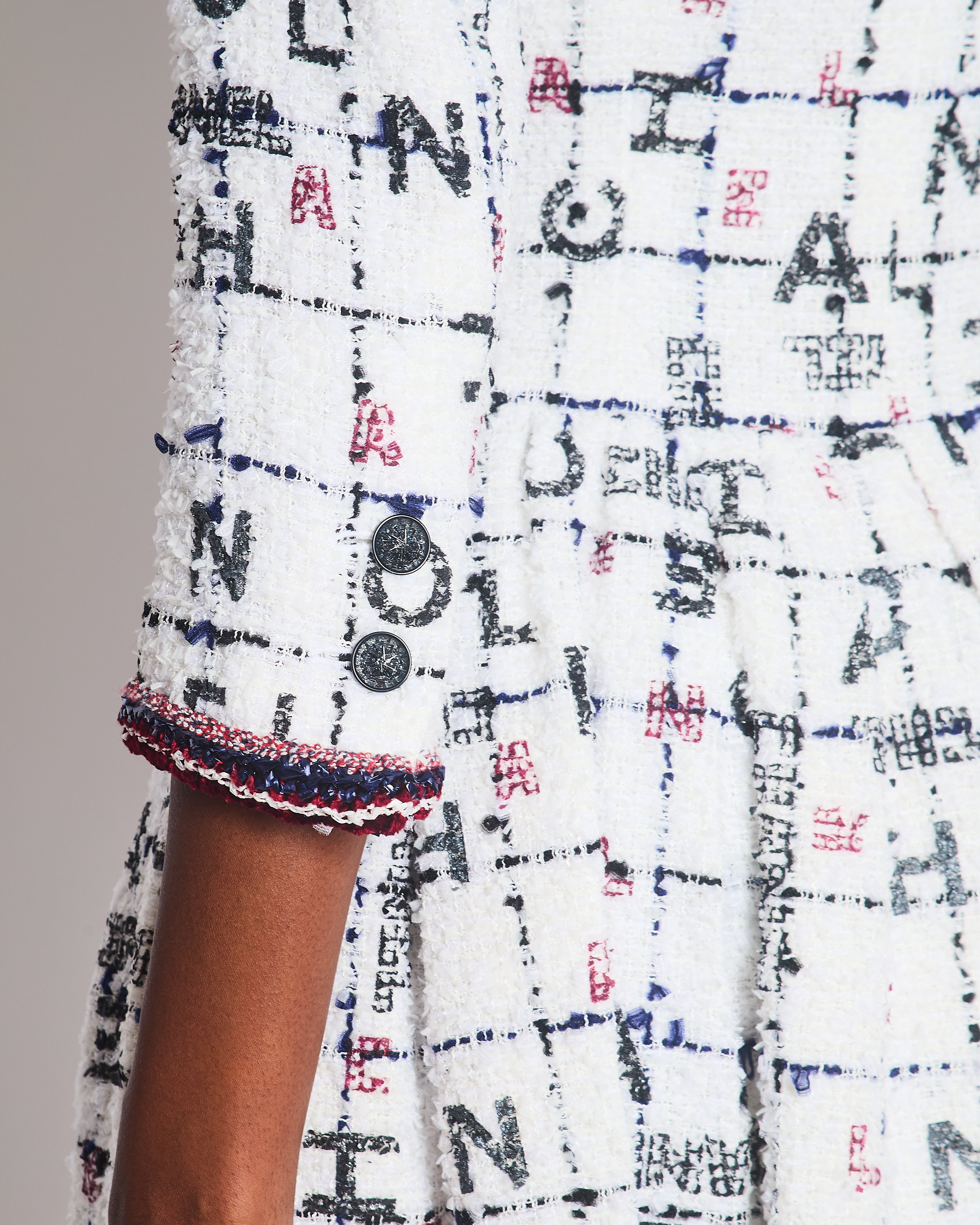 *RUNWAY* Chanel 20S White, Blue & Red Tweed Long Sleeve Midi Dress with Black Embellished Buttons and Logo Details FR 36 (UK 8)