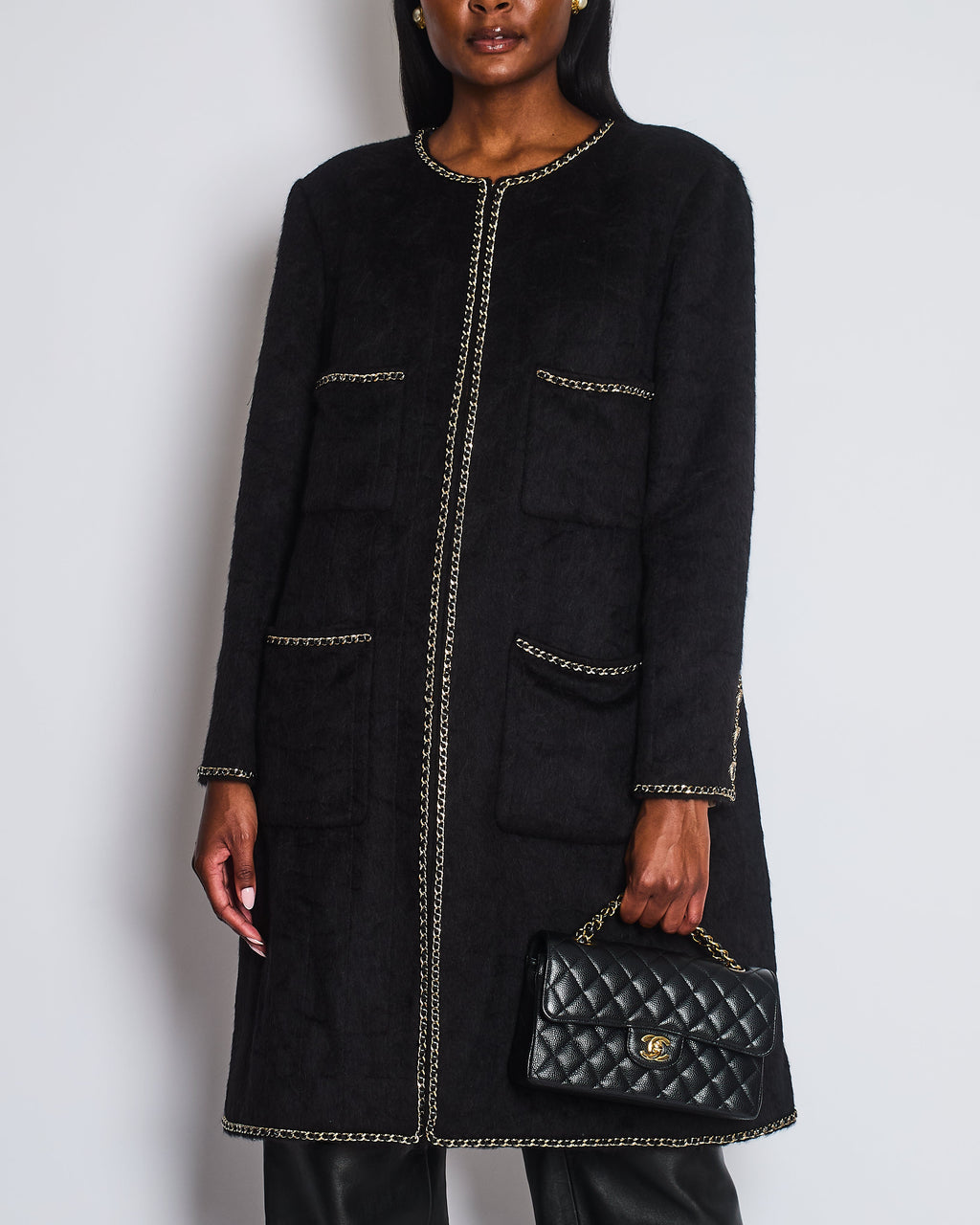 *HOT* Chanel 19A Black Llama & Wool Coat with Gold Chain Trim and CC Buttons Size FR 44 (UK 12) RRP £6,730