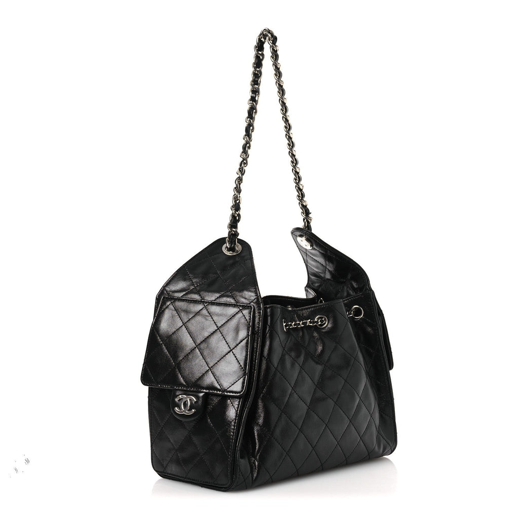 Chanel Shiny Crumpled Calfskin Quilted Small Chanel 25 Handbag Black