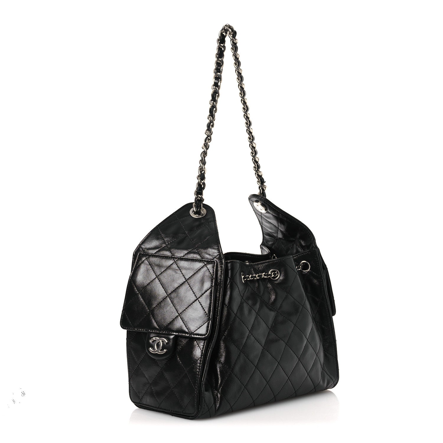 Chanel Shiny Crumpled Calfskin Quilted Small Chanel 25 Handbag Black