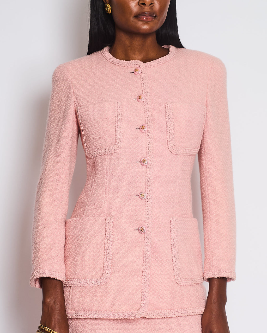 Chanel 93C Pink Tweed Skirt and Jacket Set with Logo Buttons and Pocket Detail FR 38 (UK 10)