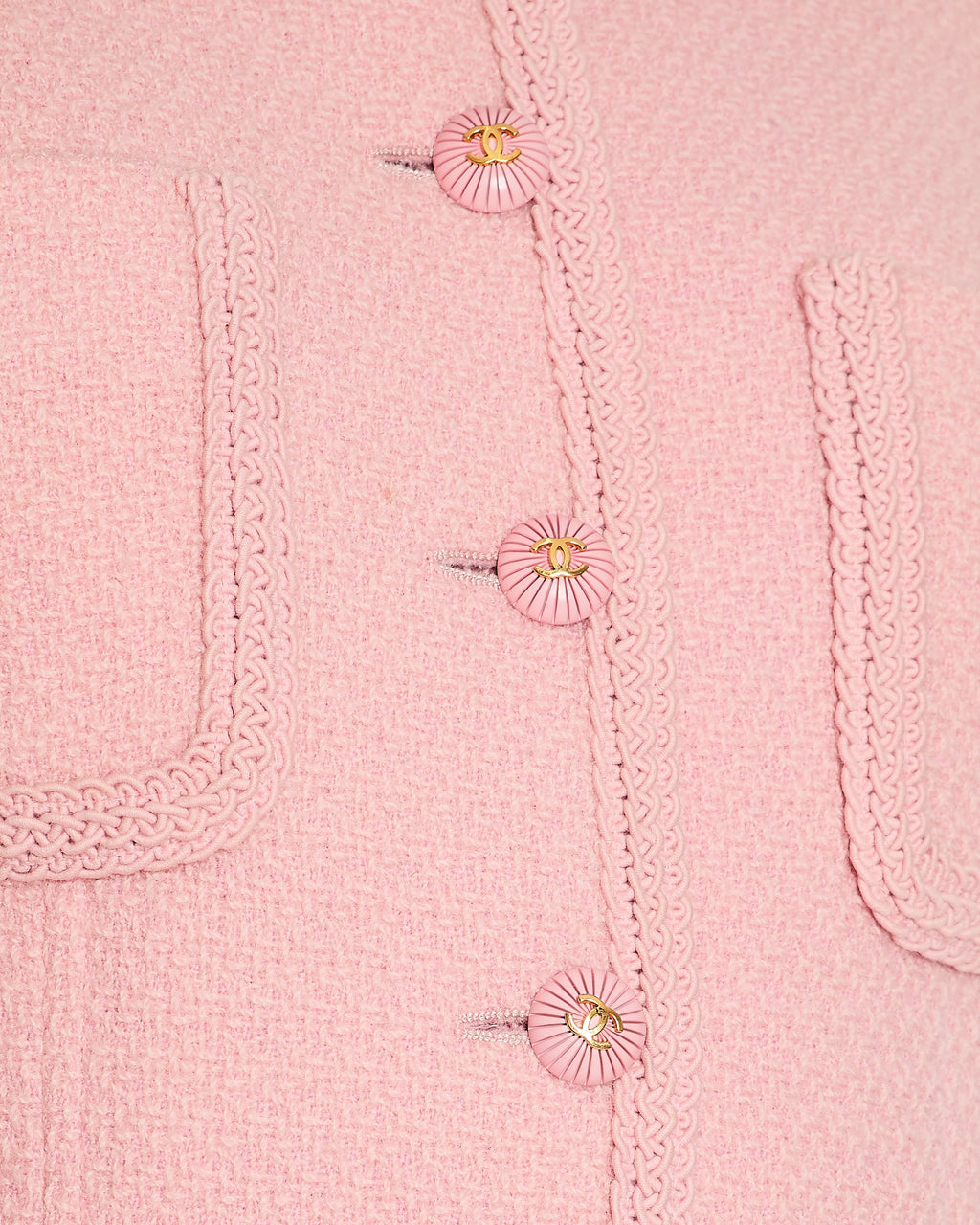 Chanel 93C Pink Tweed Skirt and Jacket Set with Logo Buttons and Pocket Detail FR 38 (UK 10)