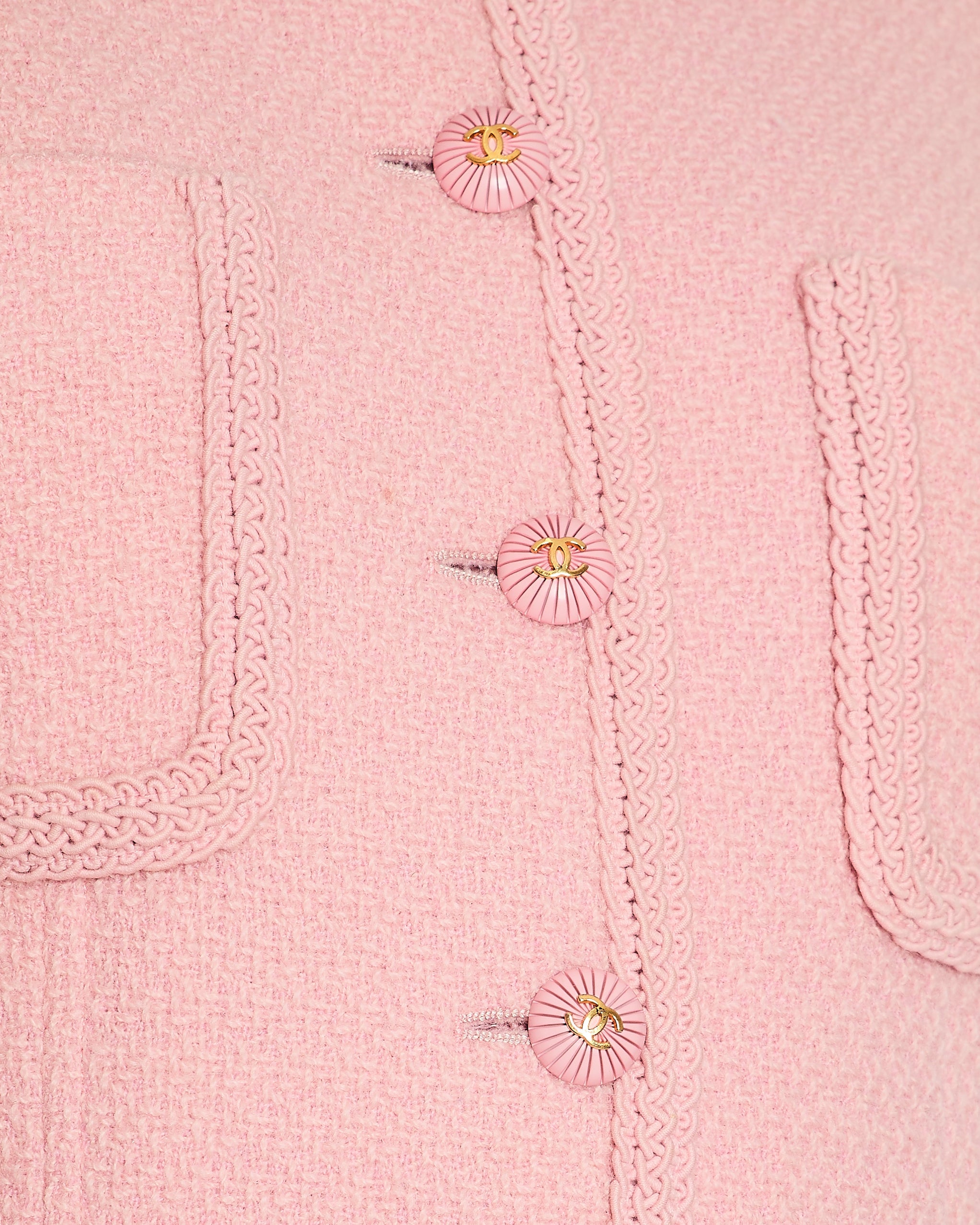 Chanel 93C Pink Tweed Skirt and Jacket Set with Logo Buttons and Pocket Detail FR 38 (UK 10)