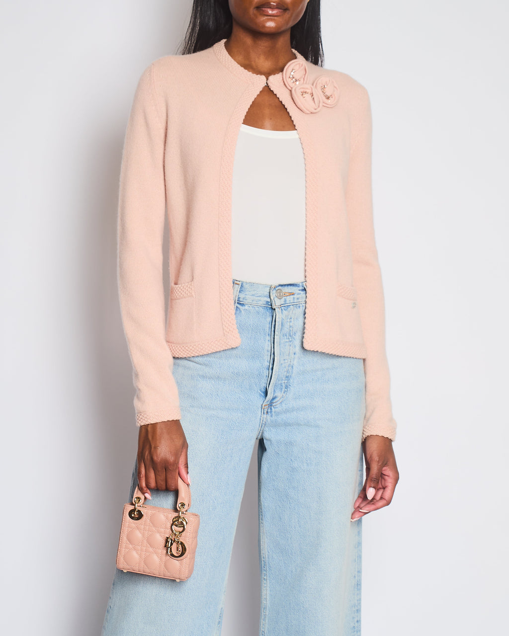 Chanel 05/S Vintage Pink Cashmere Cardigan with Floral Crystals Size FR 38 (UK 10)