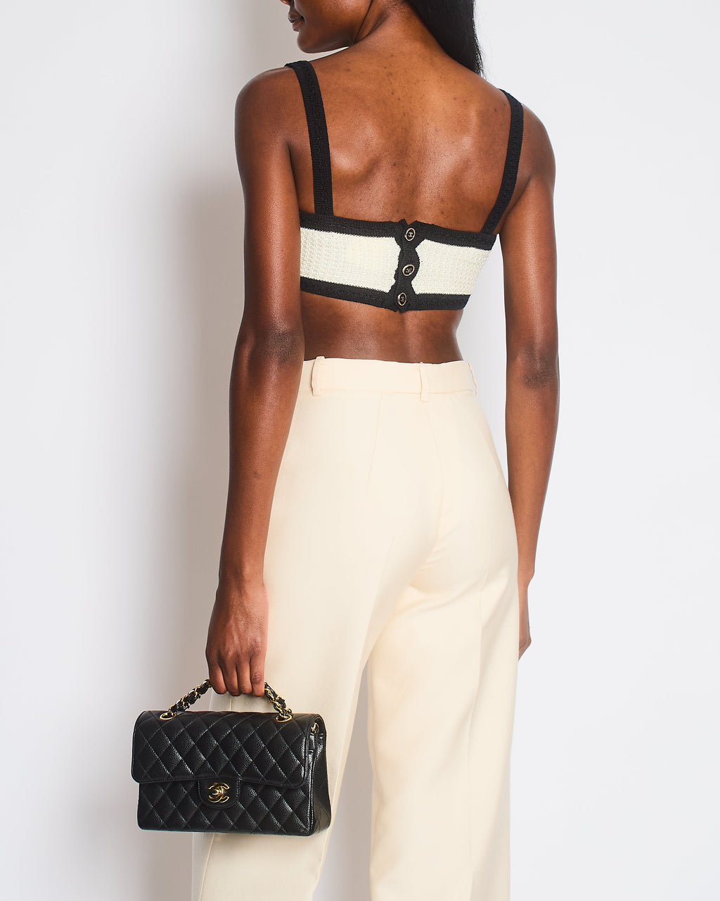 Chanel 24P Cream Black Tweed Bralette Top with Black CC Buttons Detail Size FR 34 (UK 6)