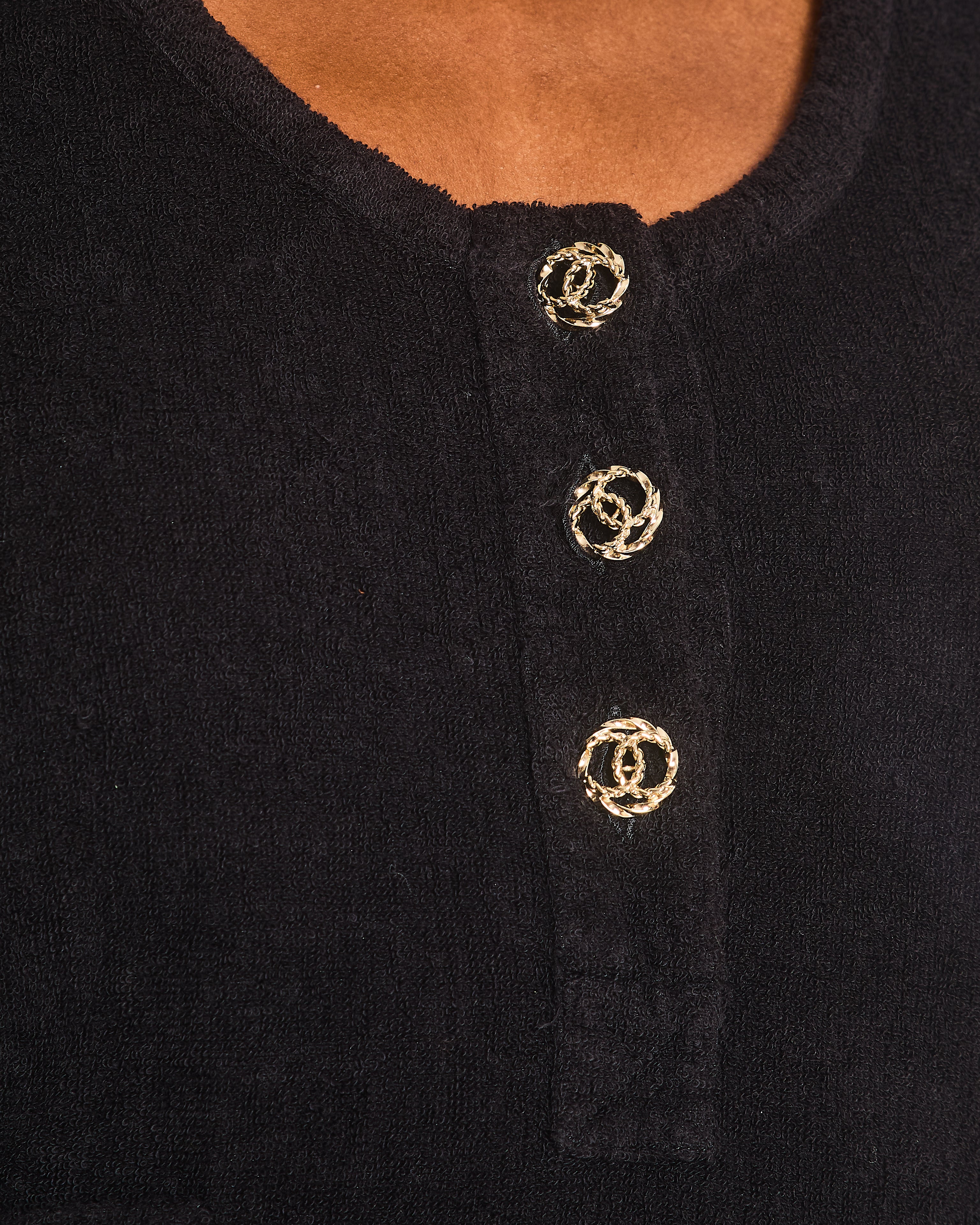 Chanel Black Terry Beach Mini Dress with Pocket Detail and Champagne Gold CC Logo Buttons Size FR 36 (UK 8)