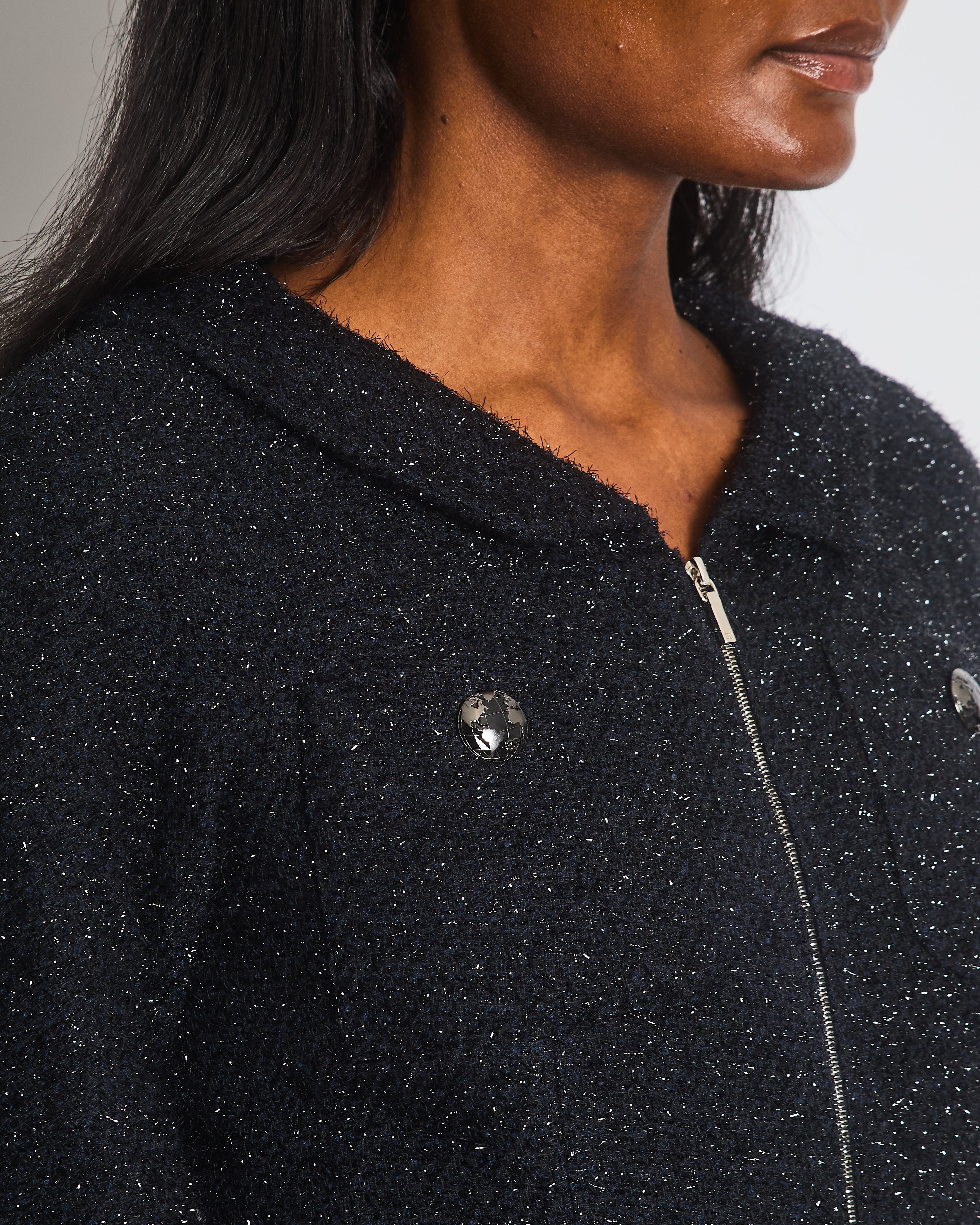 Chanel Black Shimmery Mini Dress with Silver Zip and Globe CC Buttons Detail Size FR 36 (UK 8)