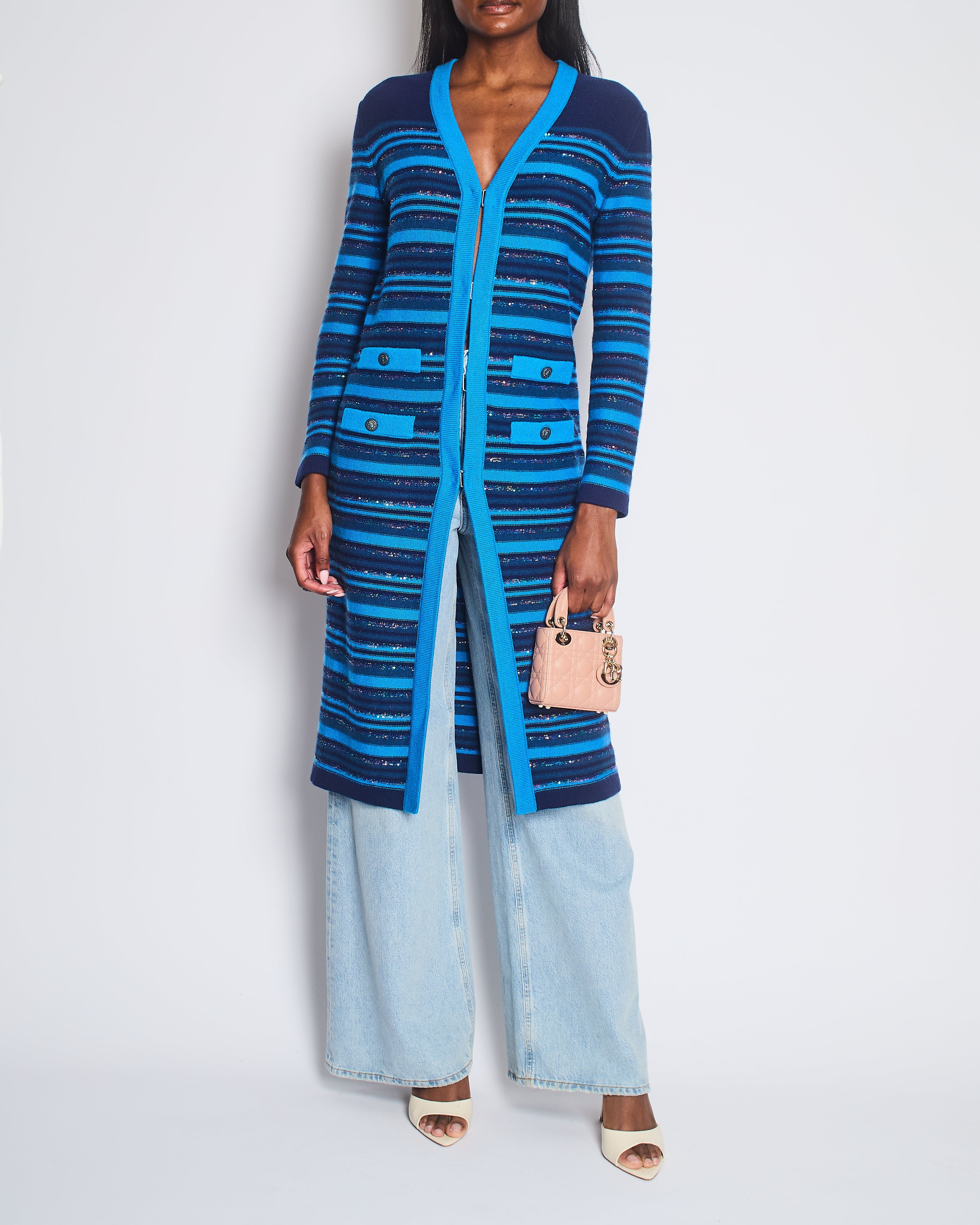Chanel 20C Blue and Navy Cashmere Striped Long Cardigan with Multicolour Sequins Detail and Silver Camellia CC Buttons Size FR 36 (UK 8)