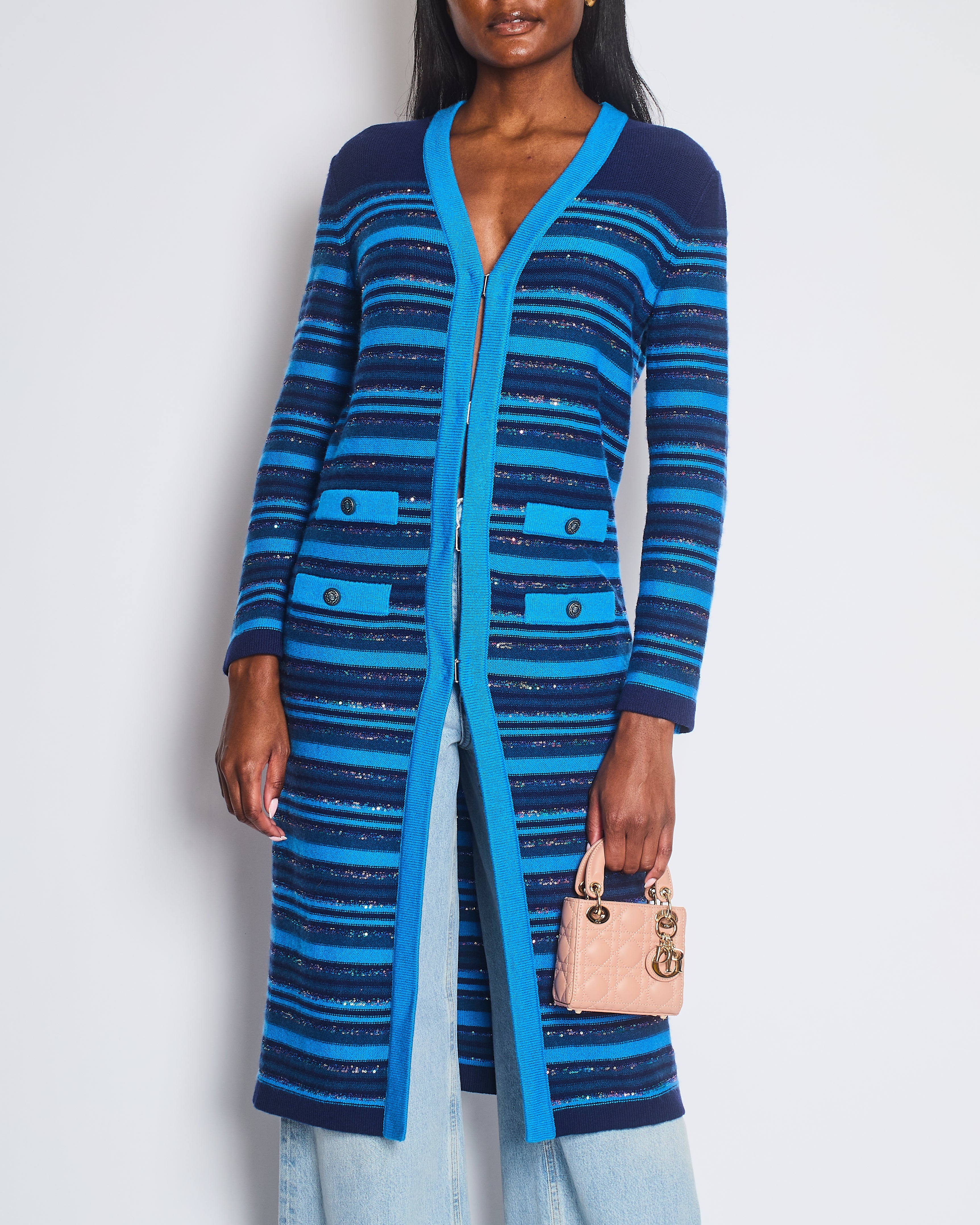 Chanel 20C Blue and Navy Cashmere Striped Long Cardigan with Multicolour Sequins Detail and Silver Camellia CC Buttons Size FR 36 (UK 8)
