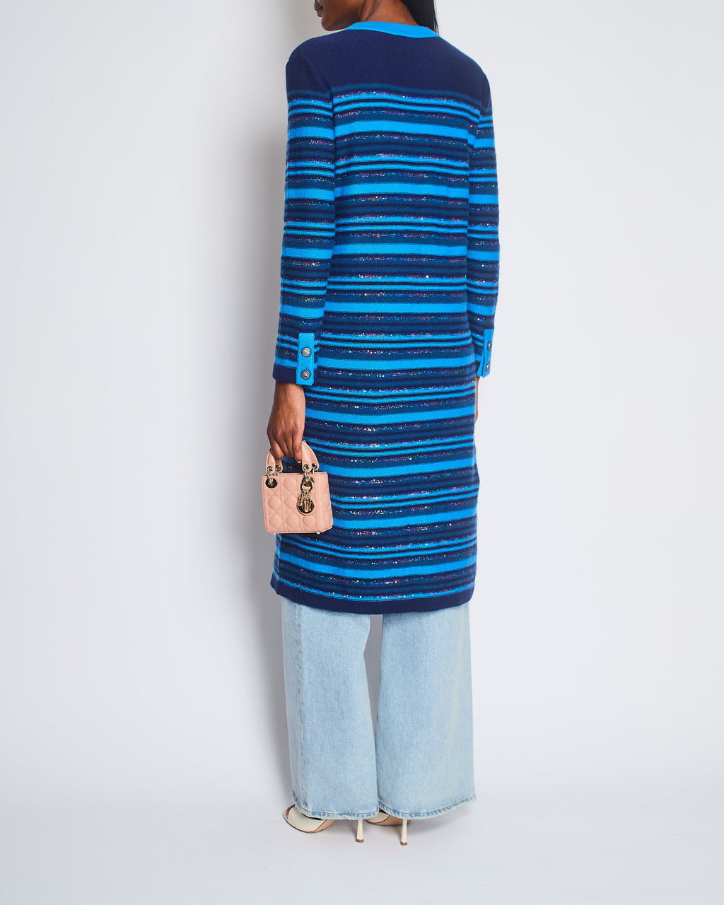 Chanel 20C Blue and Navy Cashmere Striped Long Cardigan with Multicolour Sequins Detail and Silver Camellia CC Buttons Size FR 36 (UK 8)