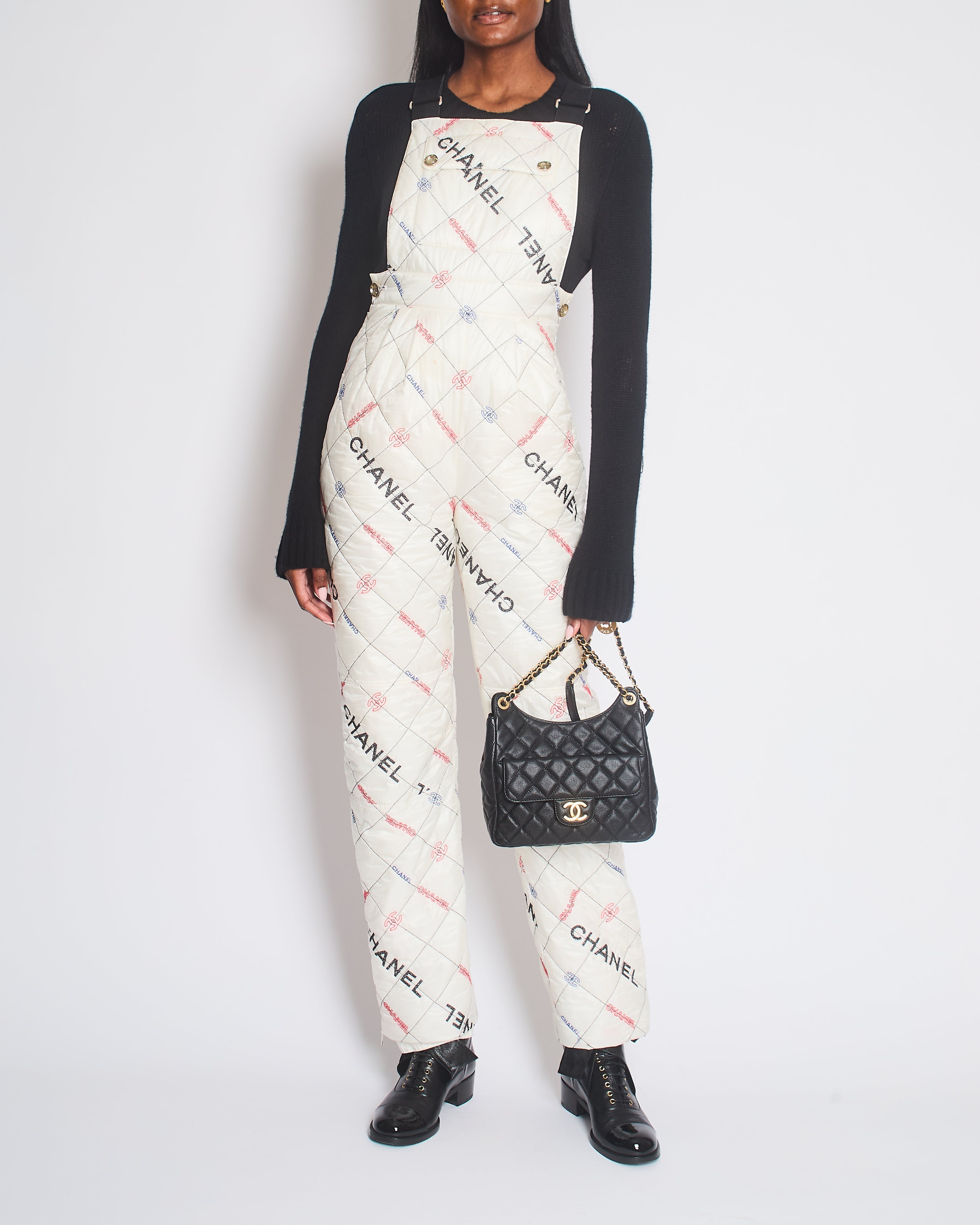 Chanel Fall 2021 White Quilted Ski Jumpsuit with Crystal Logo Details Size FR 34 (UK 6)