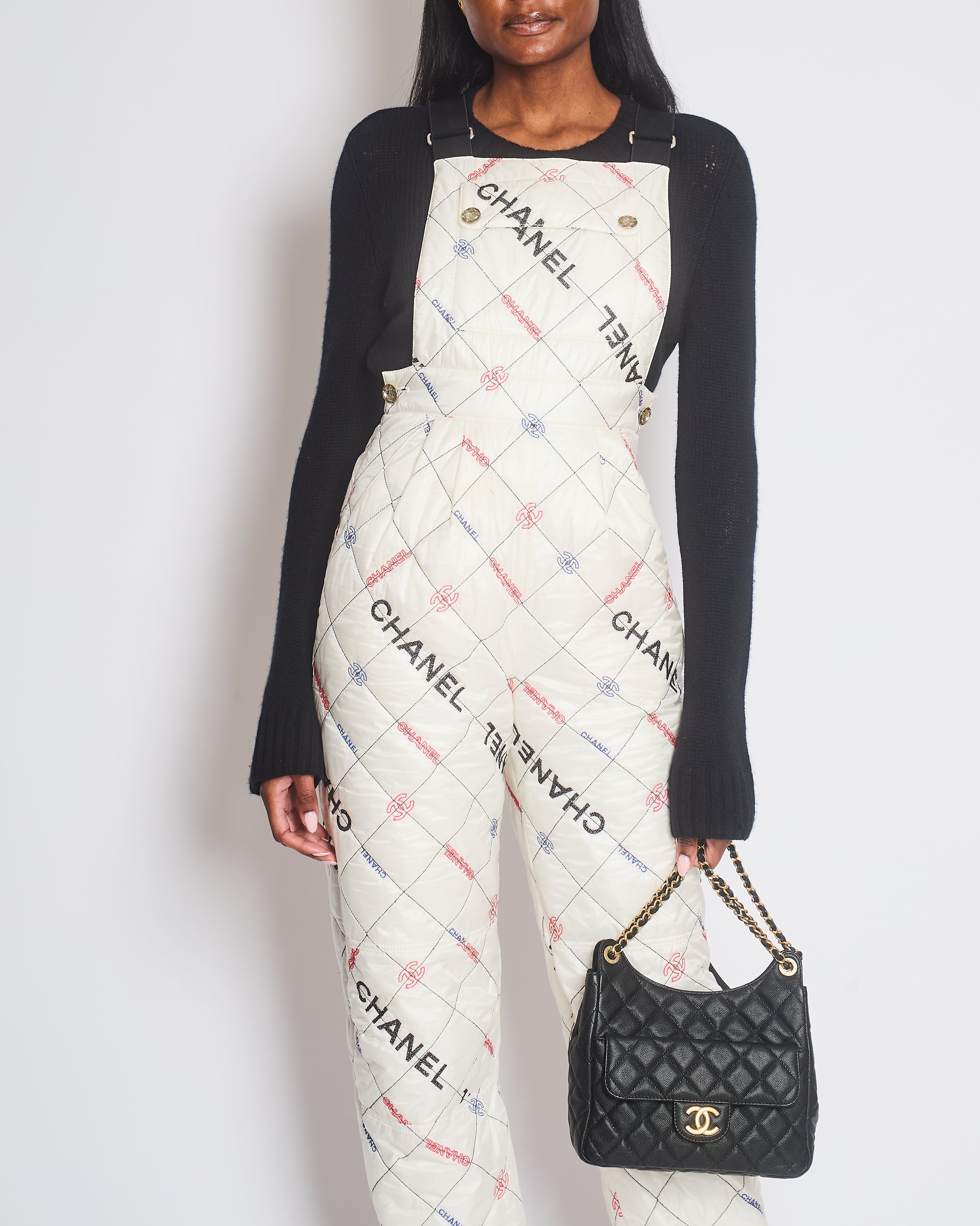 Chanel Fall 2021 White Quilted Ski Jumpsuit with Crystal Logo Details Size FR 34 (UK 6)