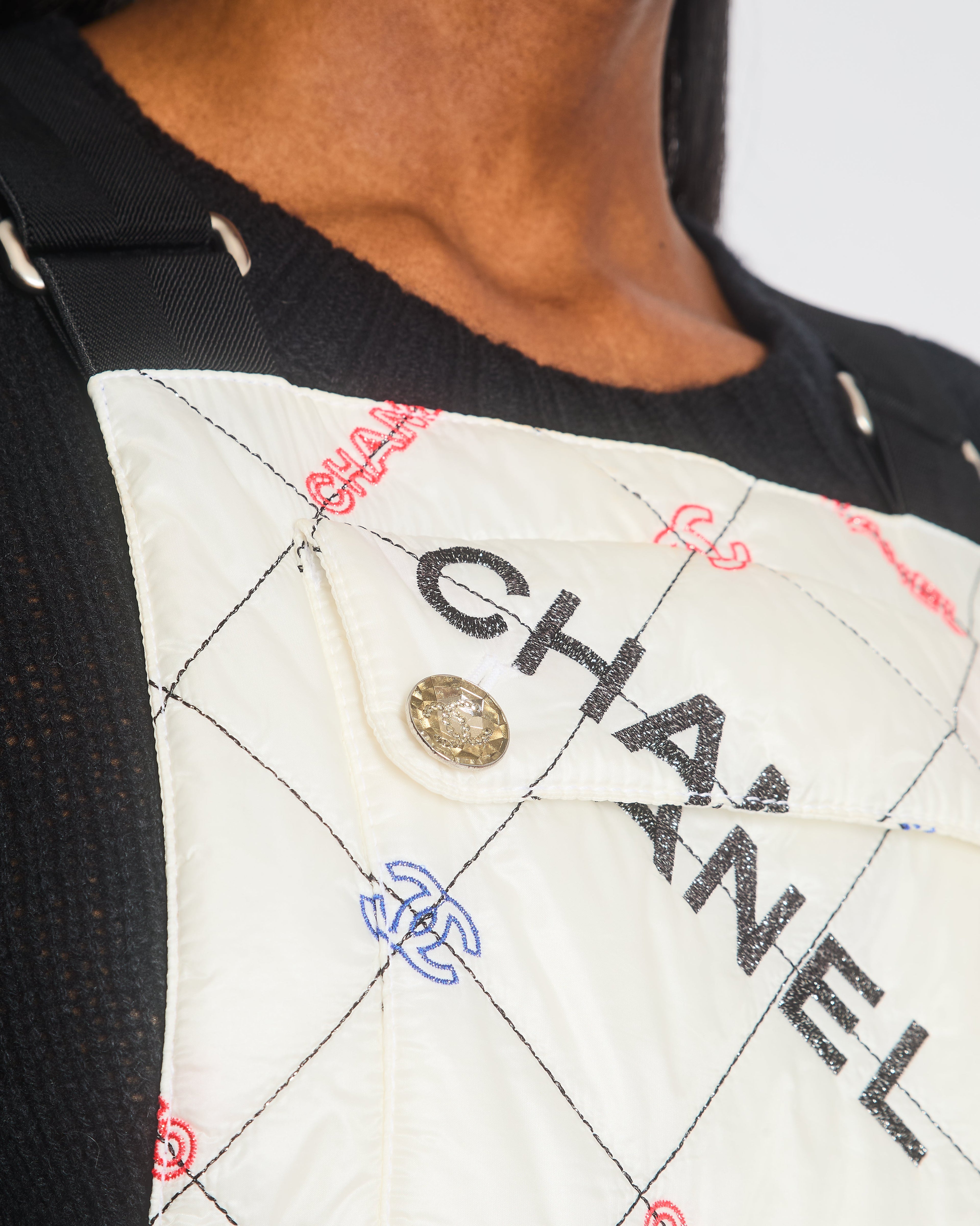 Chanel Fall 2021 White Quilted Ski Jumpsuit with Crystal Logo Details Size FR 34 (UK 6)