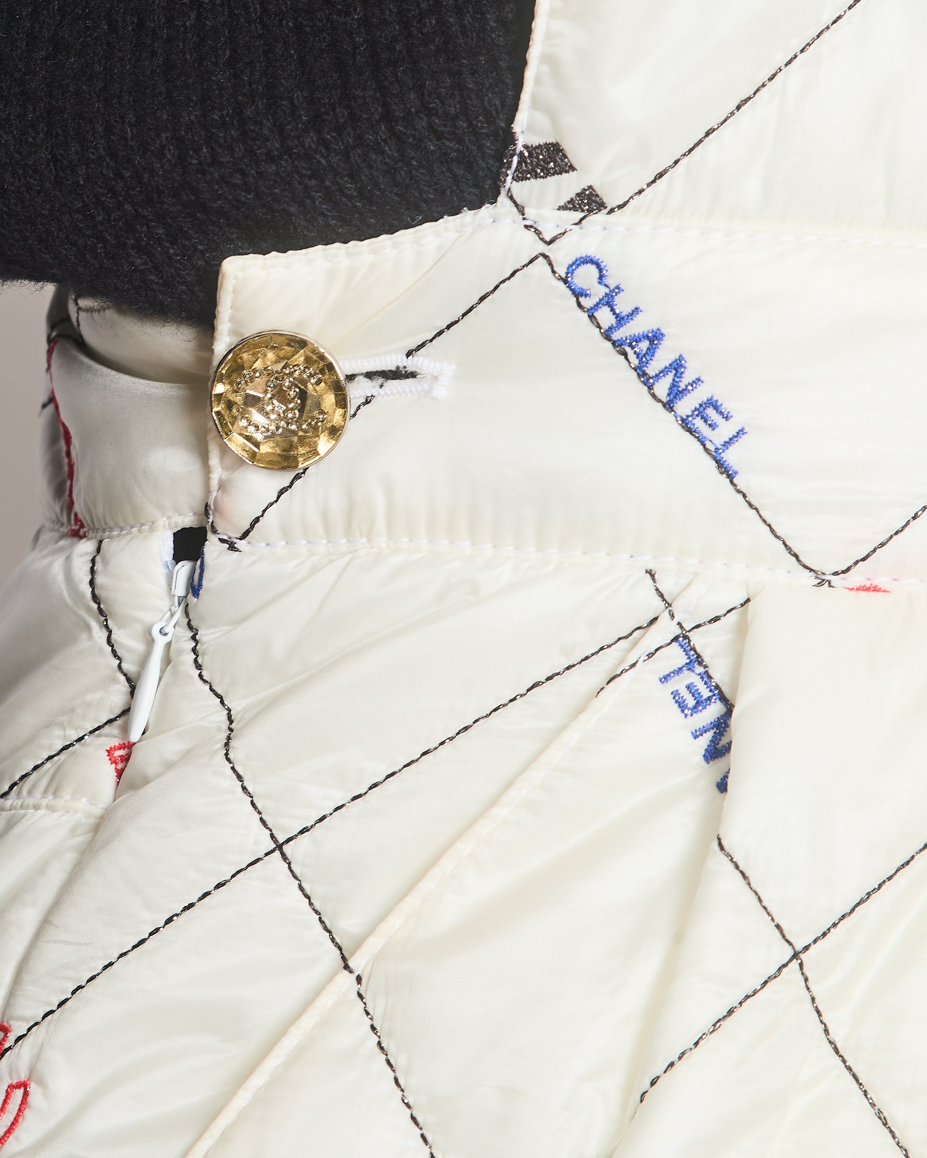 Chanel Fall 2021 White Quilted Ski Jumpsuit with Crystal Logo Details Size FR 34 (UK 6)