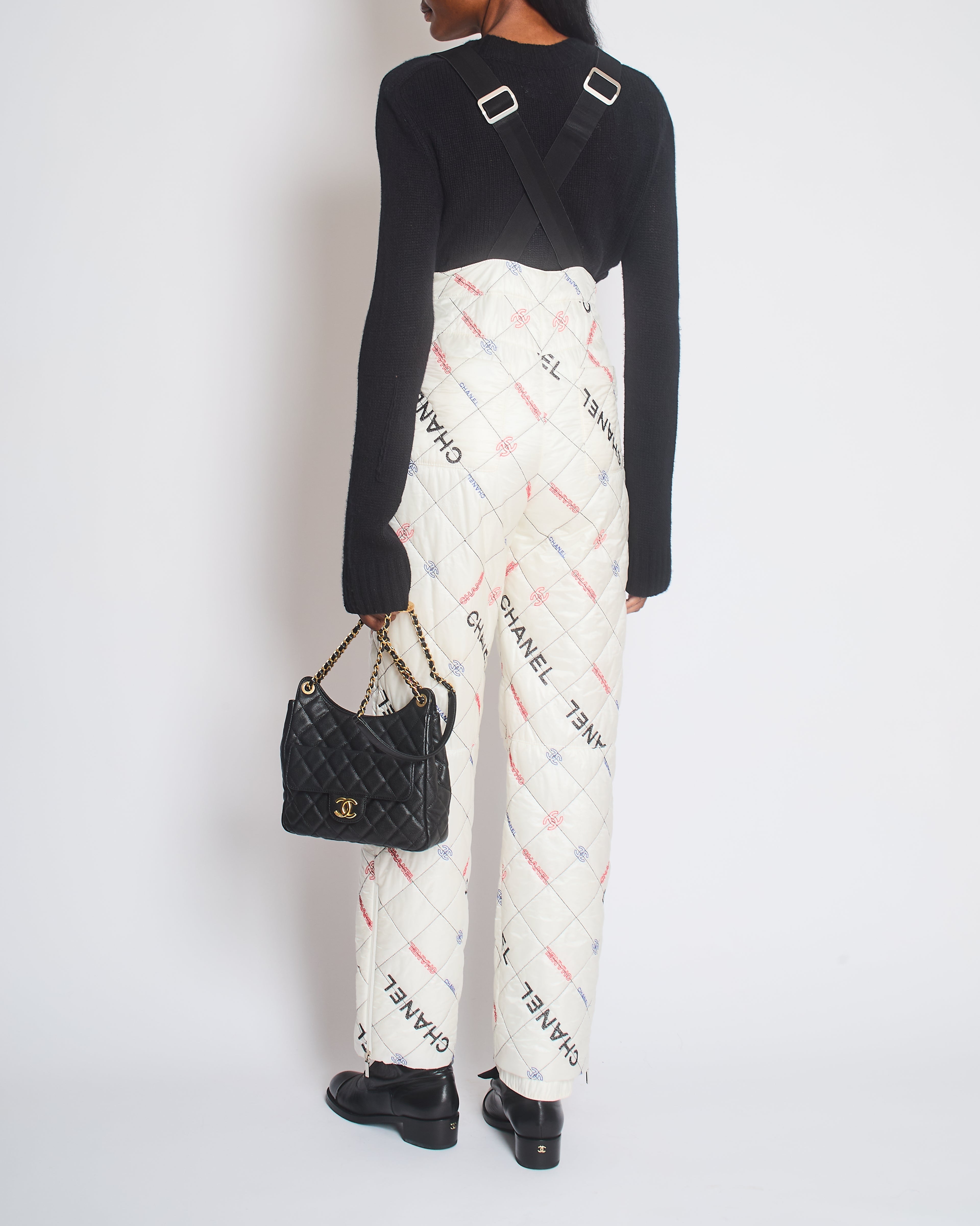 Chanel Fall 2021 White Quilted Ski Jumpsuit with Crystal Logo Details Size FR 34 (UK 6)