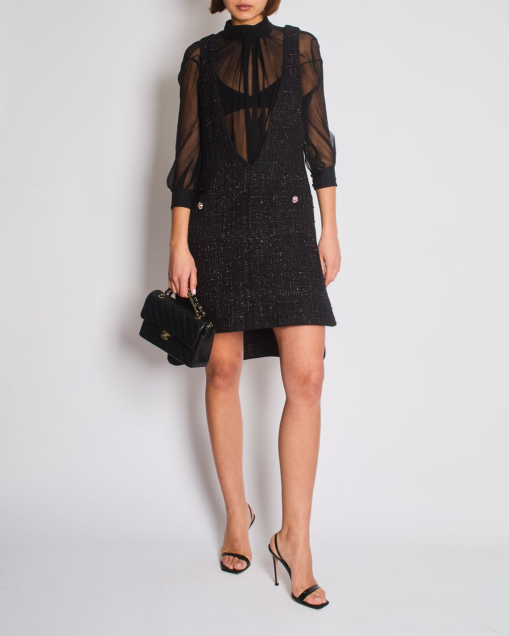 Chanel Resort 2024 Black Embellished Mini Dress with Pink Metallic Details and Crystal CC Logo Buttons Size FR 36 (UK 8)