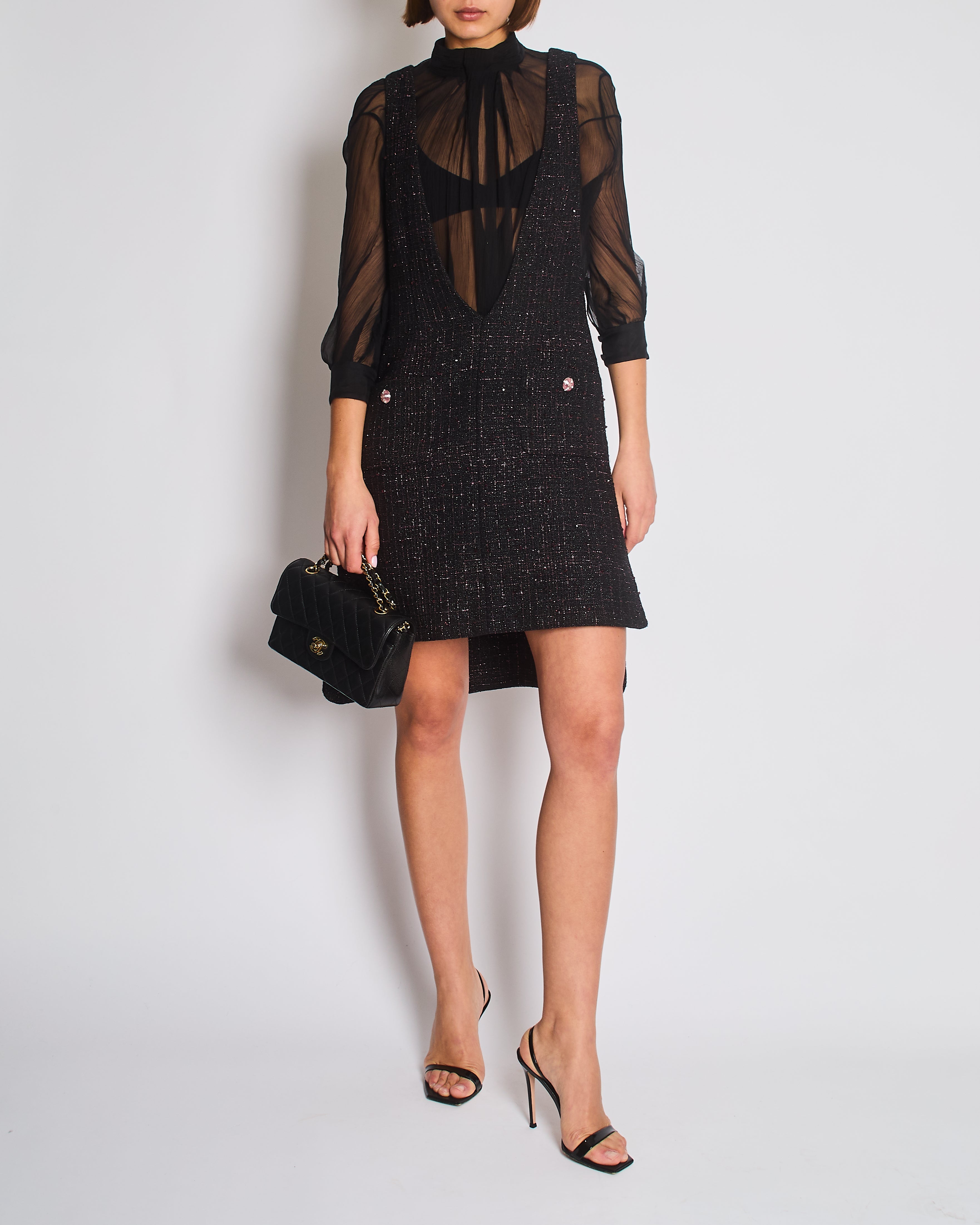 Chanel Resort 2024 Black Embellished Mini Dress with Pink Metallic Details and Crystal CC Logo Buttons Size FR 36 (UK 8)