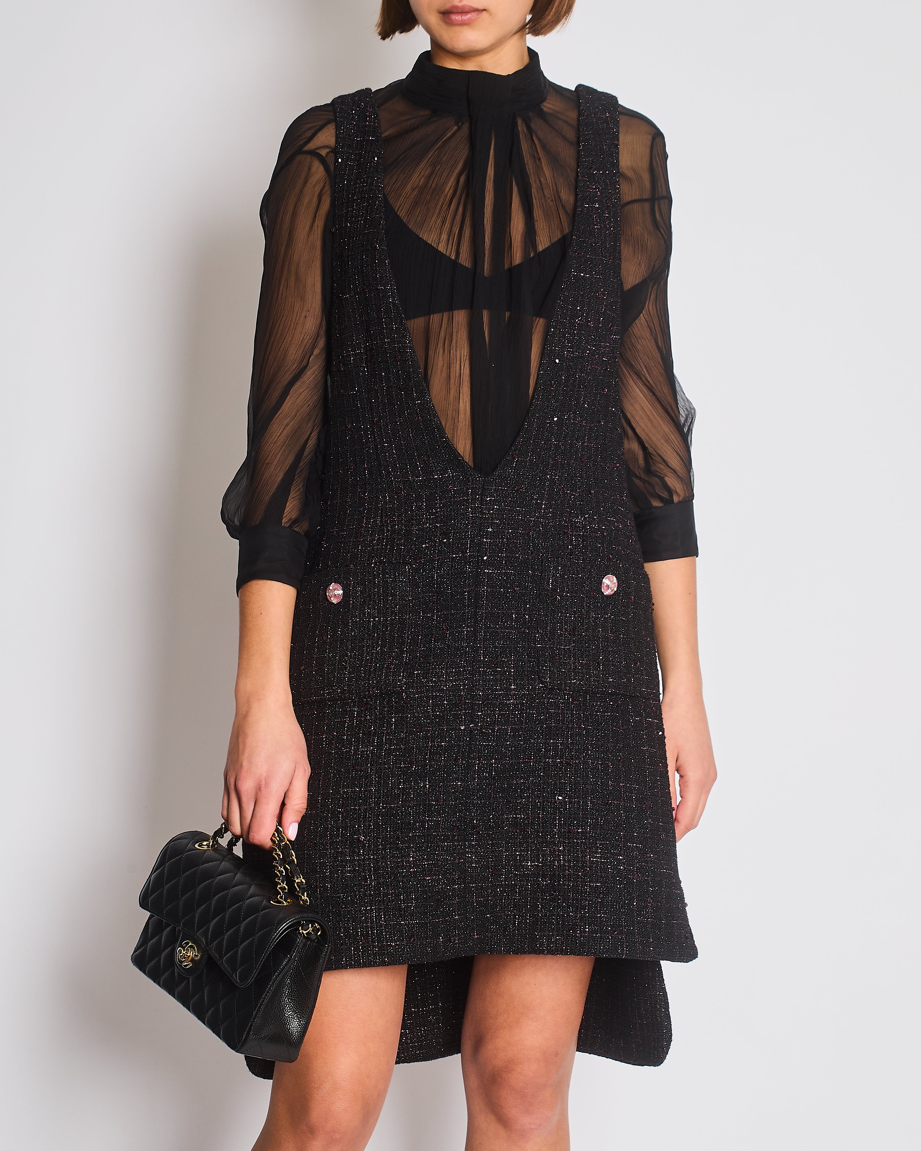Chanel Resort 2024 Black Embellished Mini Dress with Pink Metallic Details and Crystal CC Logo Buttons Size FR 36 (UK 8)