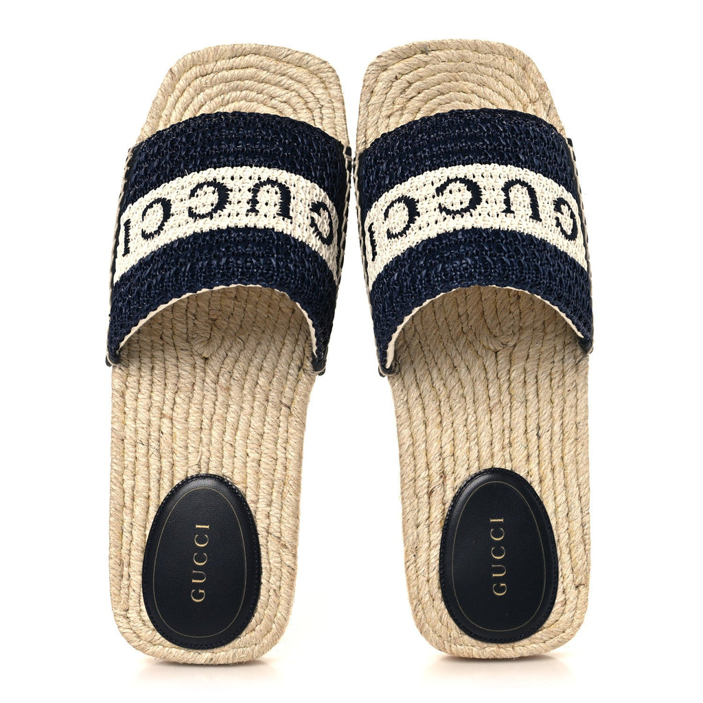 Gucci Macrochet Raffia Logo Flat Slide Espadrille Sandals 37.5 Blue Great White