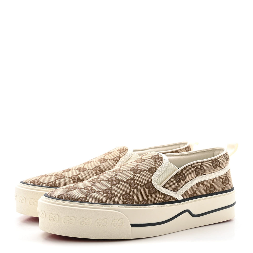 Gucci GG Monogram Womens 1977 Tennis Slip On 30mm Sneakers 38.5 Beige Ebony Mystic White
