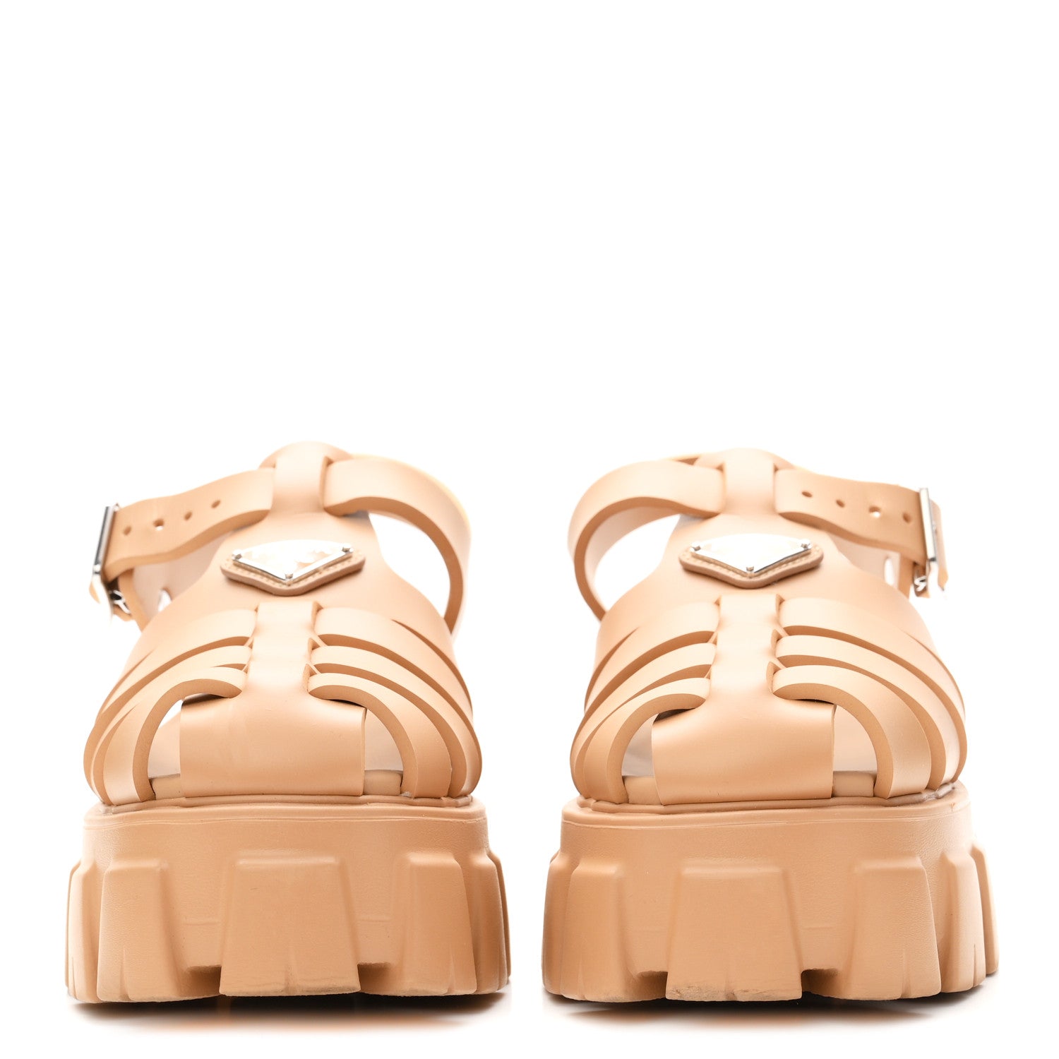Prada Foam Rubber Metal Triangle Logo Monolith 55mm Cage Sandals 37 Barley