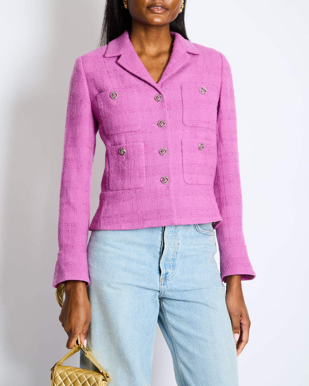 Chanel  FW/23 Purple Wool Tweed Jacket with Silver CC Logo Buttons Size FR 36 (UK 8)