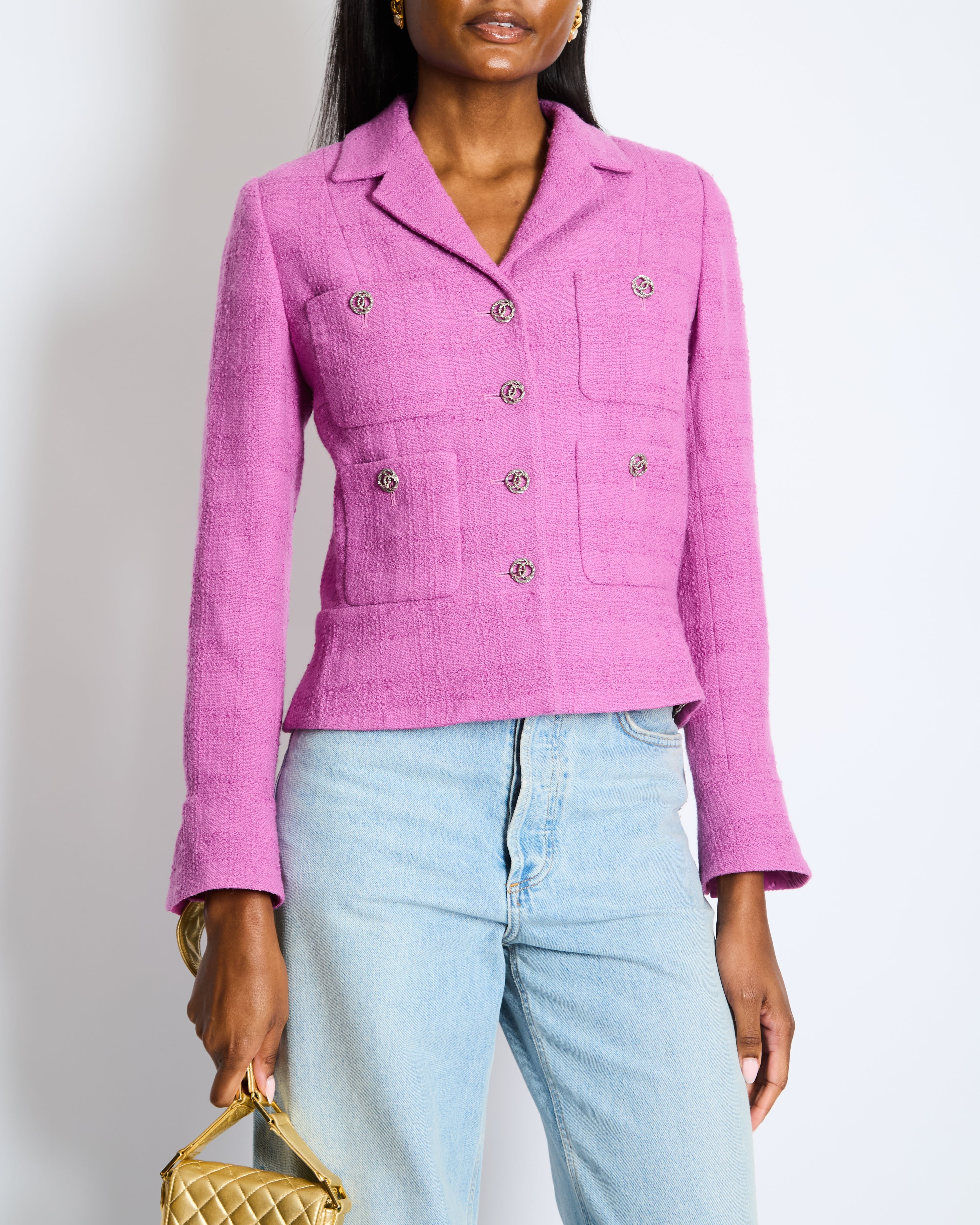 Chanel  FW/23 Purple Wool Tweed Jacket with Silver CC Logo Buttons Size FR 36 (UK 8)