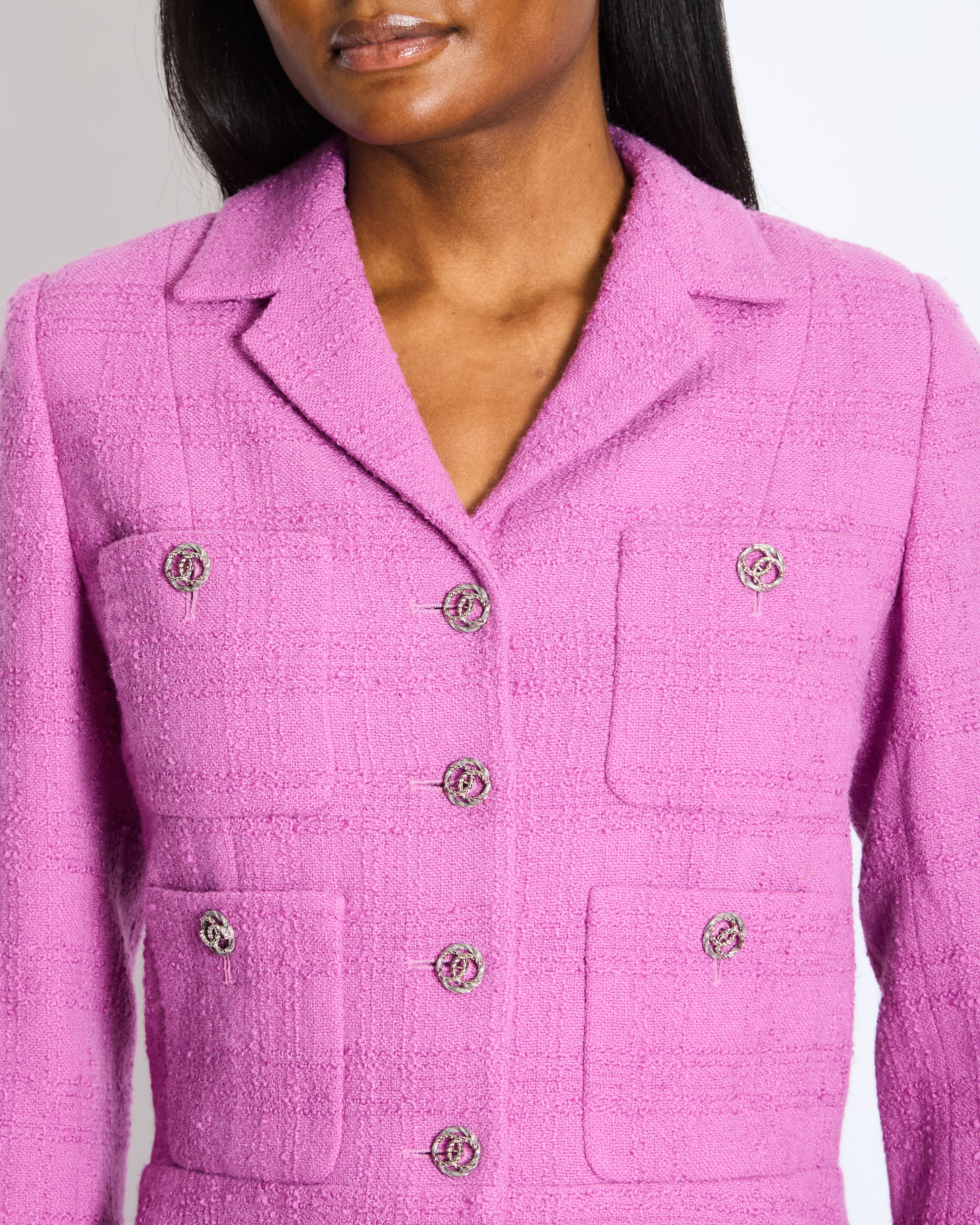 Chanel  FW/23 Purple Wool Tweed Jacket with Silver CC Logo Buttons Size FR 36 (UK 8)