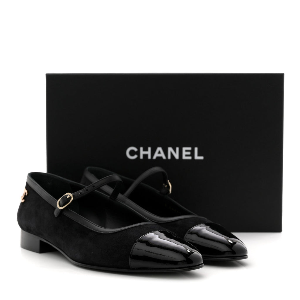 Chanel Suede Kidskin Lambskin Patent Calfskin Crystal CC Cap Toe Flats 40 Black