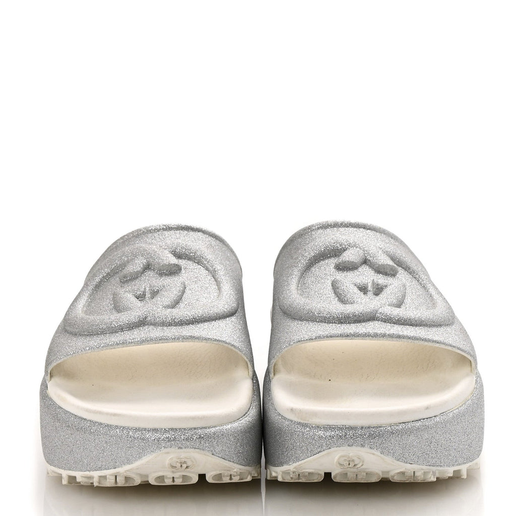 Gucci Glitter Rubber Womens Interlocking G Platform 42mm Slide Sandals 40 Silver