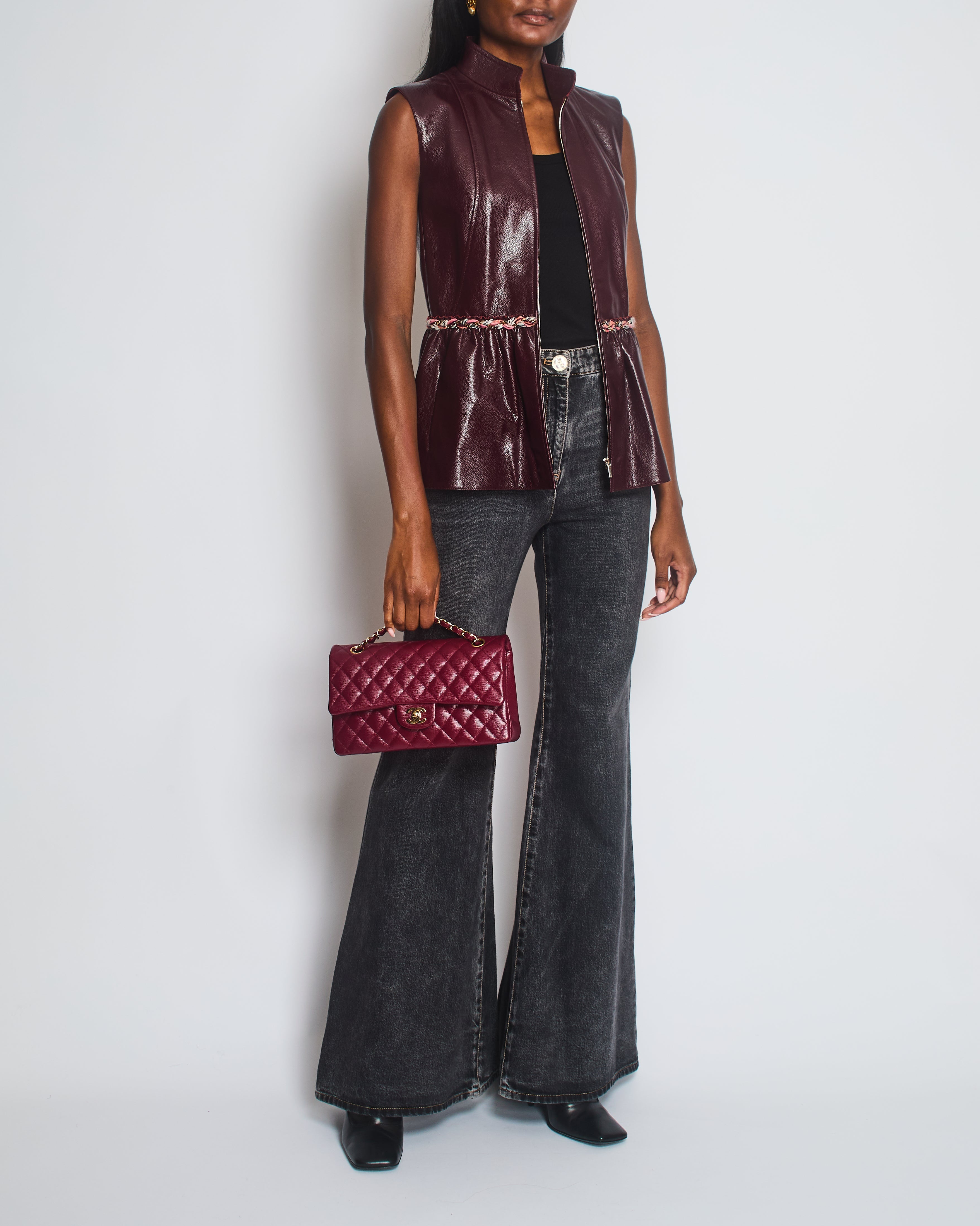 Chanel 2023 Metiers des Arts Burgundy Bordeaux Leather Gilet with Tweed Trim and Peplum Hem Size FR 36 (UK 8)