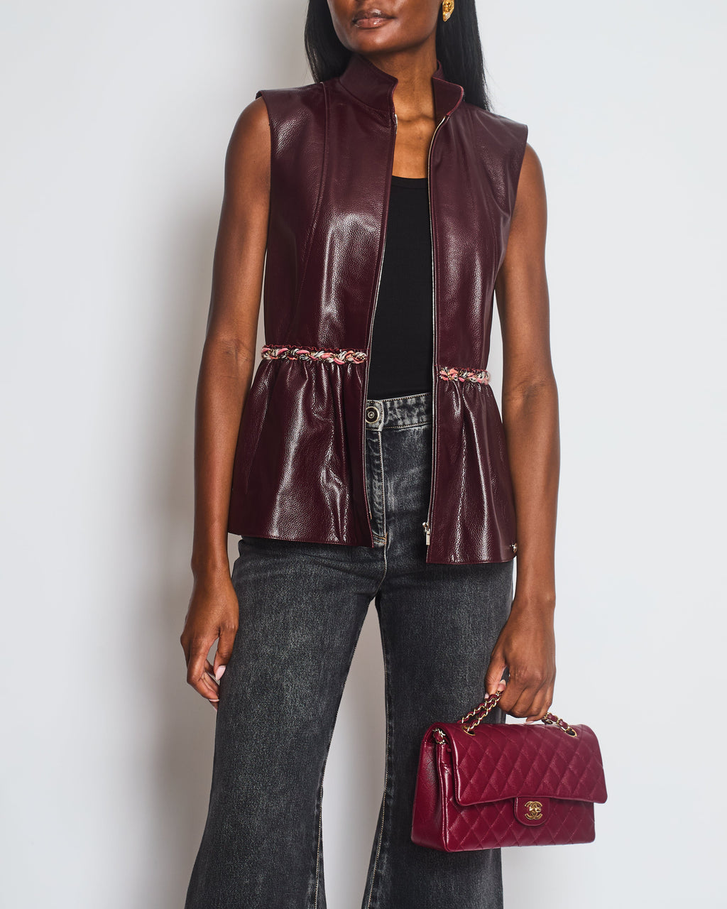Chanel 2023 Metiers des Arts Burgundy Bordeaux Leather Gilet with Tweed Trim and Peplum Hem Size FR 36 (UK 8)