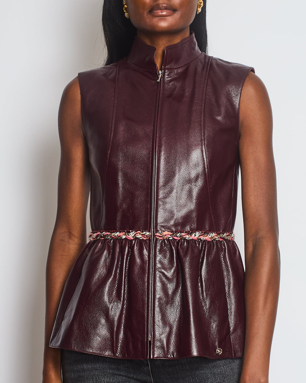 Chanel 2023 Metiers des Arts Burgundy Bordeaux Leather Gilet with Tweed Trim and Peplum Hem Size FR 36 (UK 8)