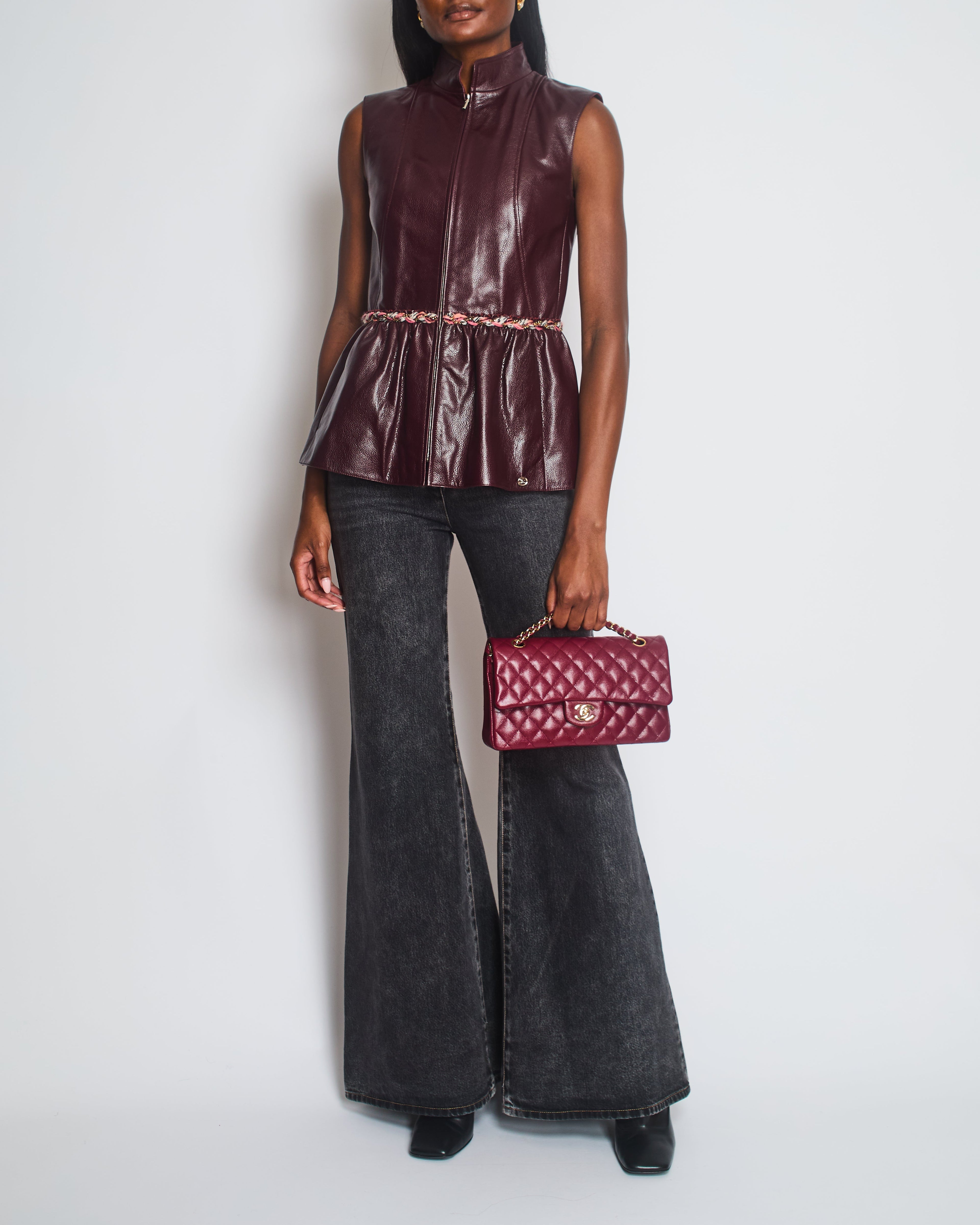 Chanel 2023 Metiers des Arts Burgundy Bordeaux Leather Gilet with Tweed Trim and Peplum Hem Size FR 36 (UK 8)