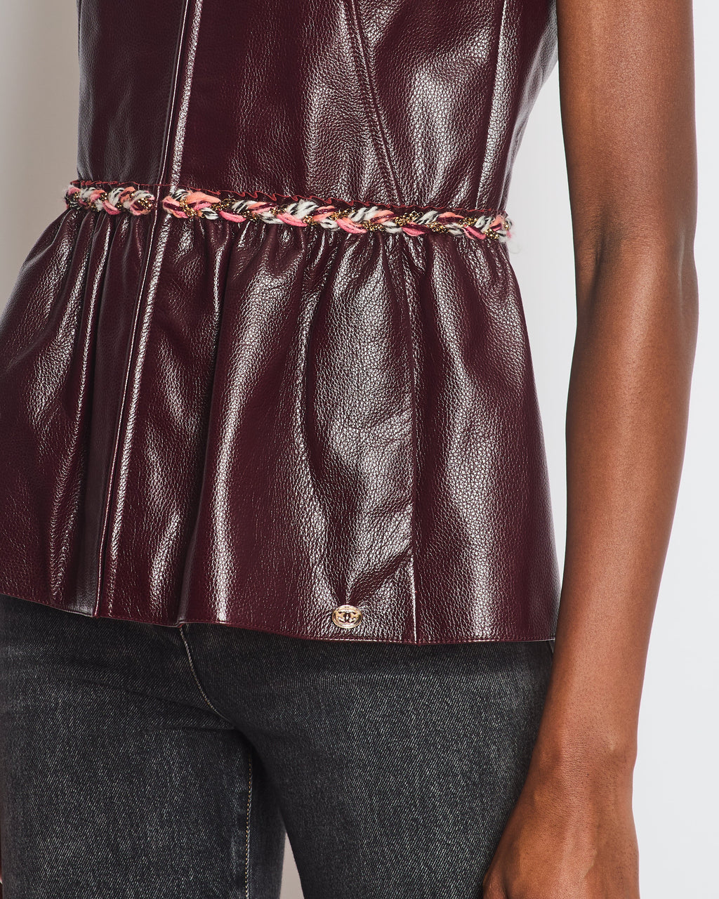 Chanel 2023 Metiers des Arts Burgundy Bordeaux Leather Gilet with Tweed Trim and Peplum Hem Size FR 36 (UK 8)