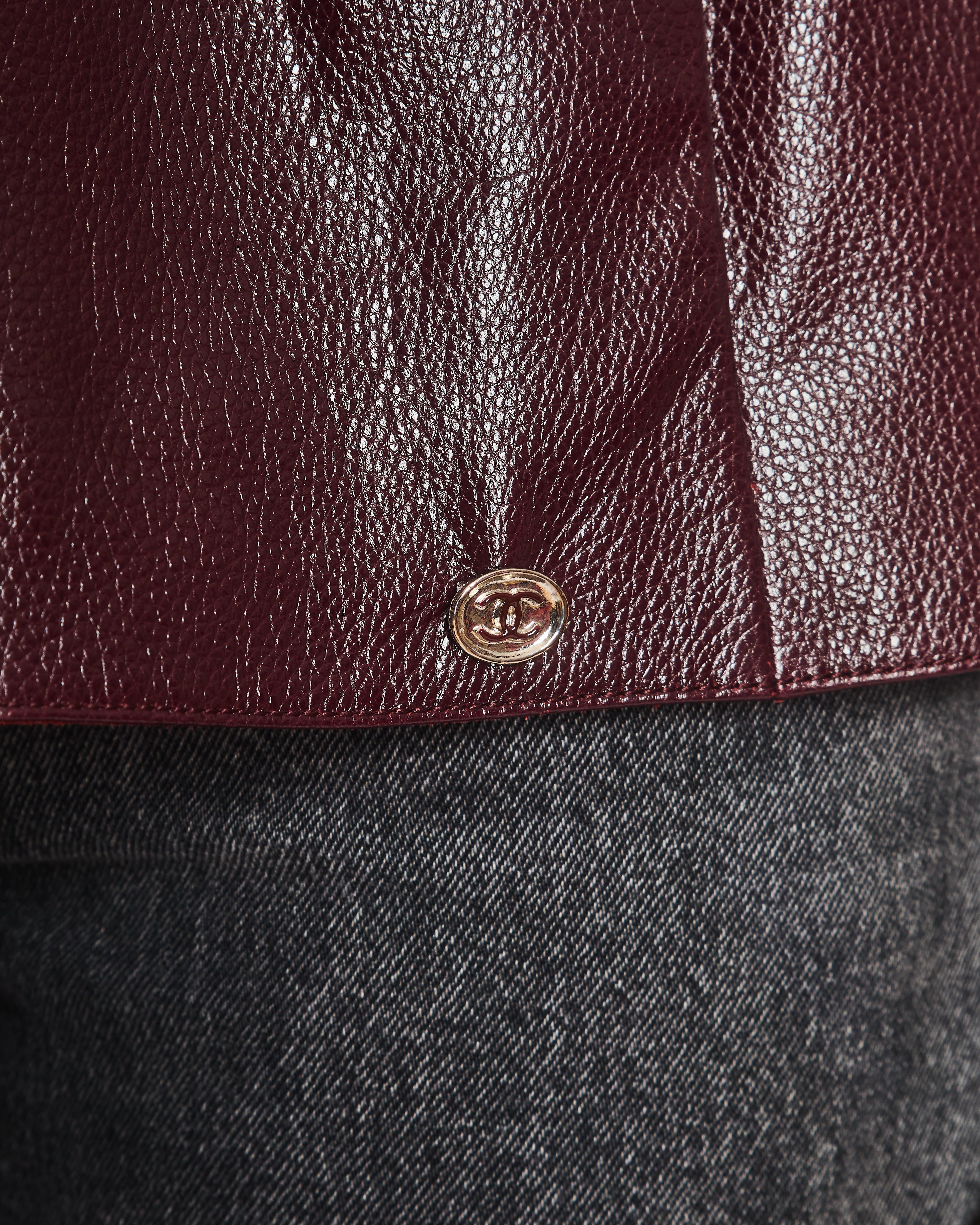 Chanel 2023 Metiers des Arts Burgundy Bordeaux Leather Gilet with Tweed Trim and Peplum Hem Size FR 36 (UK 8)