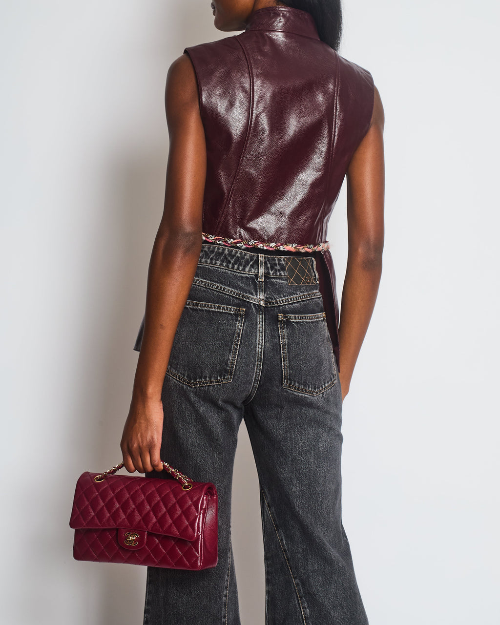 Chanel 2023 Metiers des Arts Burgundy Bordeaux Leather Gilet with Tweed Trim and Peplum Hem Size FR 36 (UK 8)