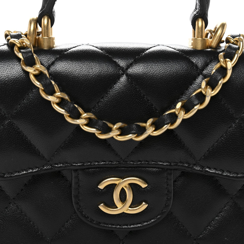 Chanel Lambskin Quilted Top Handle Flap Coin Purse With Chain Black
