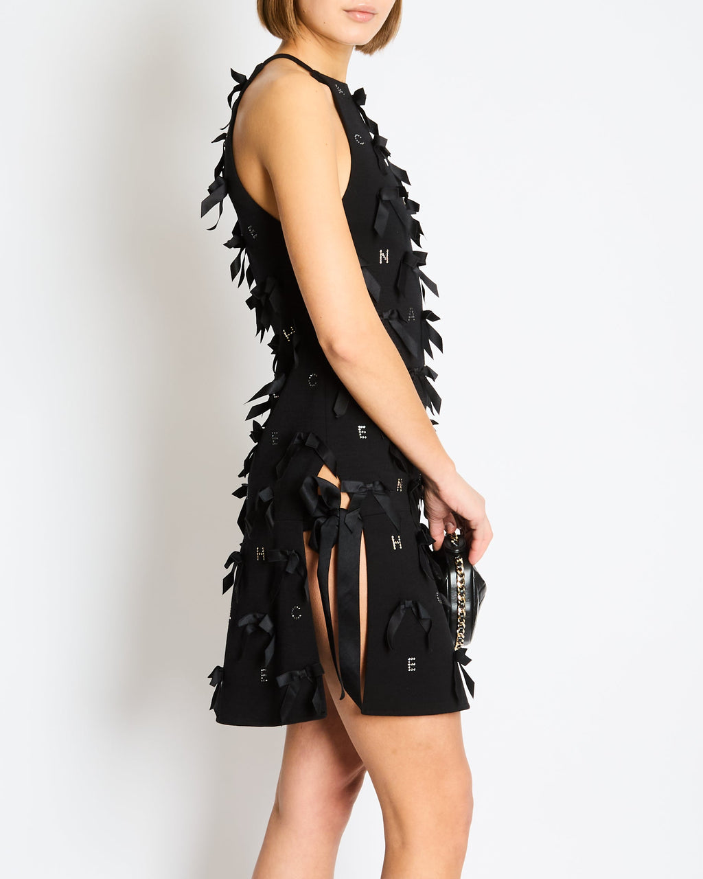 *RARE* Chanel 23/S Black Mini Dress with Bow Details and Crystal Logo Embellishments Size FR 34 (UK 6)
