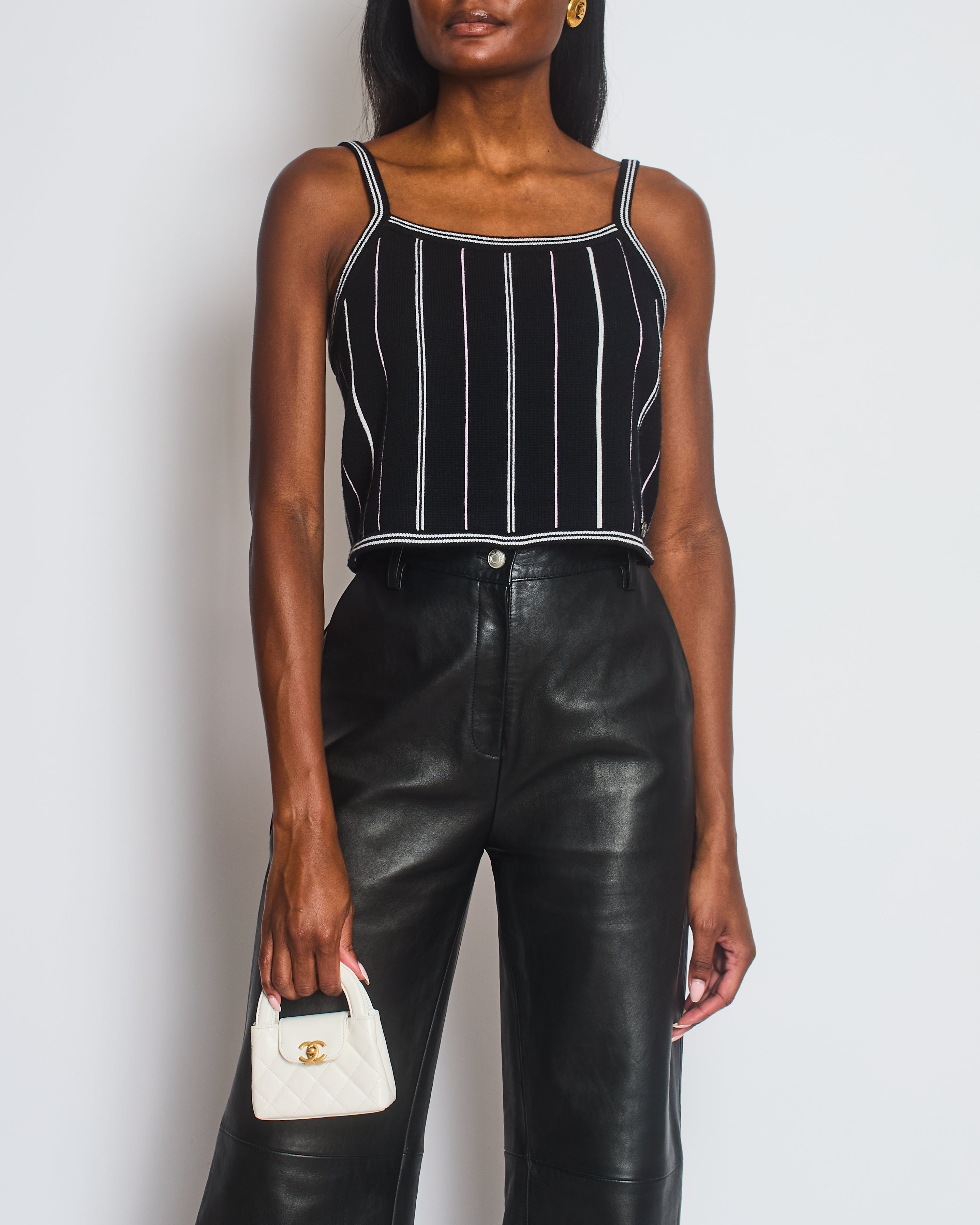 Chanel 23/P Black Knitted Vest Top with White & Light Pink Stripes Detail Size FR 38 (UK 10)