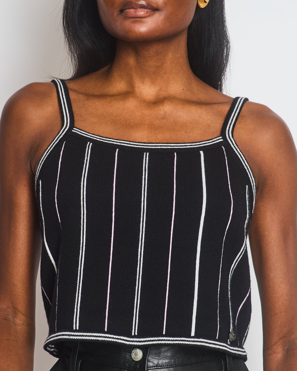 Chanel 23/P Black Knitted Vest Top with White & Light Pink Stripes Detail Size FR 38 (UK 10)