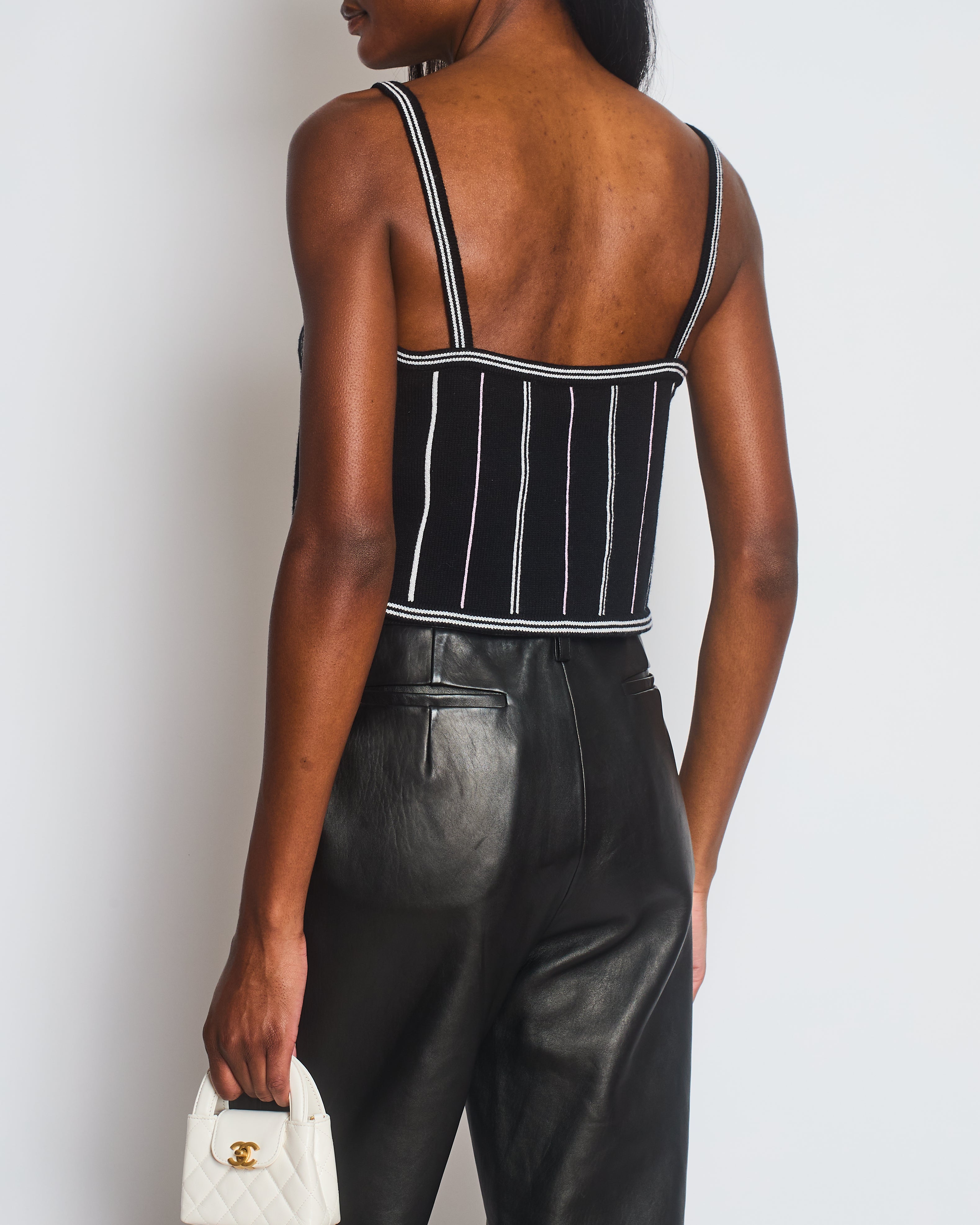 Chanel 23/P Black Knitted Vest Top with White & Light Pink Stripes Detail Size FR 38 (UK 10)