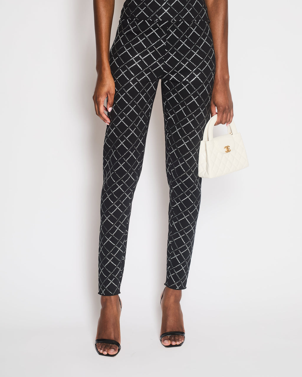 Chanel 20C Black Quilt Glittered Thin Strap Top and Leggings with Black and White CC Logo Detail Size FR 42 (UK 14)